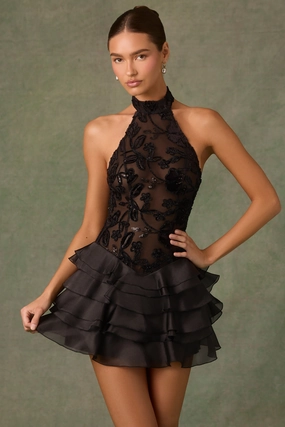 Embellished Ruffled Halterneck Mini Dress in Black Dresses - dresses on sale