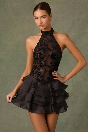 Embellished Ruffled Halterneck Mini Dress in Black Dresses - cocktail dresses sale