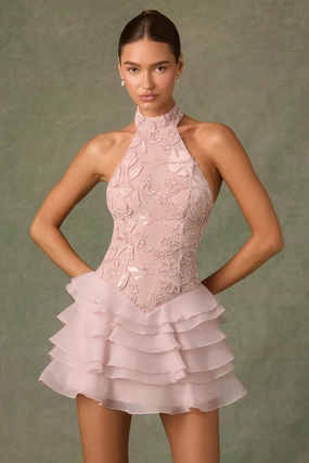 Embellished Ruffled Halterneck Mini Dress in Dusty Rose Dresses best price