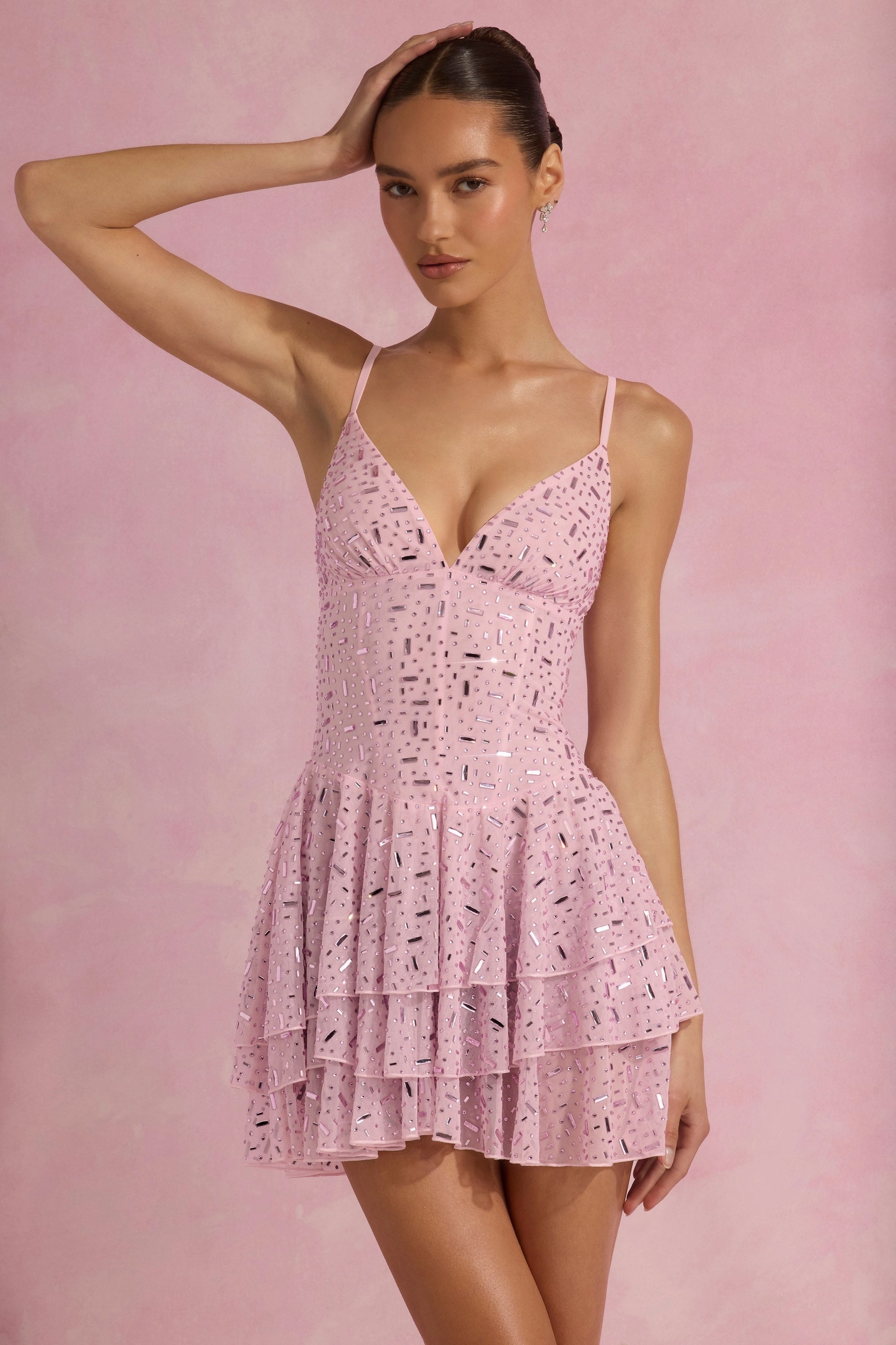 Embellished Ruffled Tiered Mini Dress in Pink