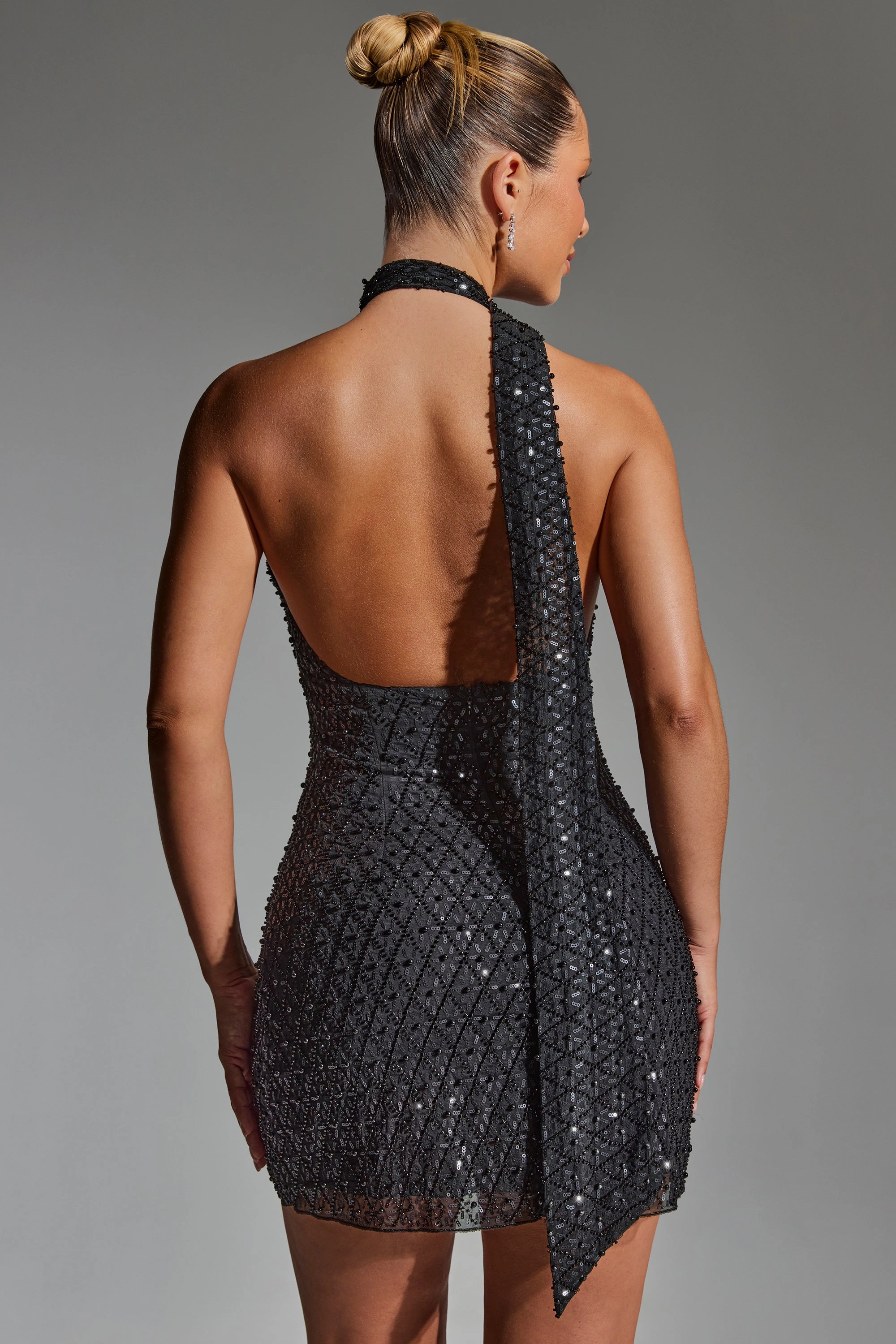 Embellished Scarf-Detail Halterneck Mini Dress in Black