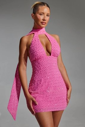 Embellished Scarf-Detail Halterneck Mini Dress in Hot Pink Dresses best price