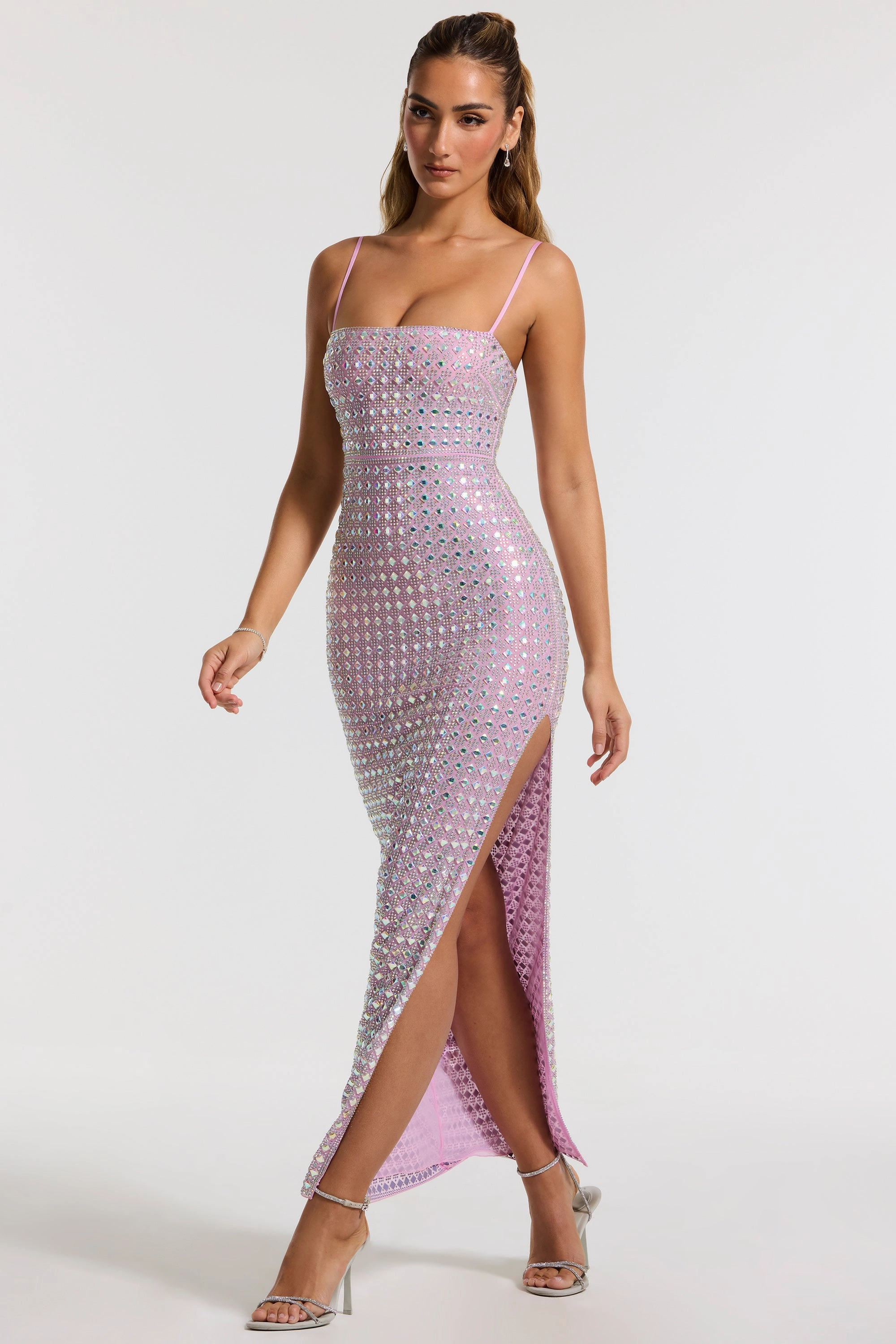 Embellished Square Neck Evening Gown in Lilac