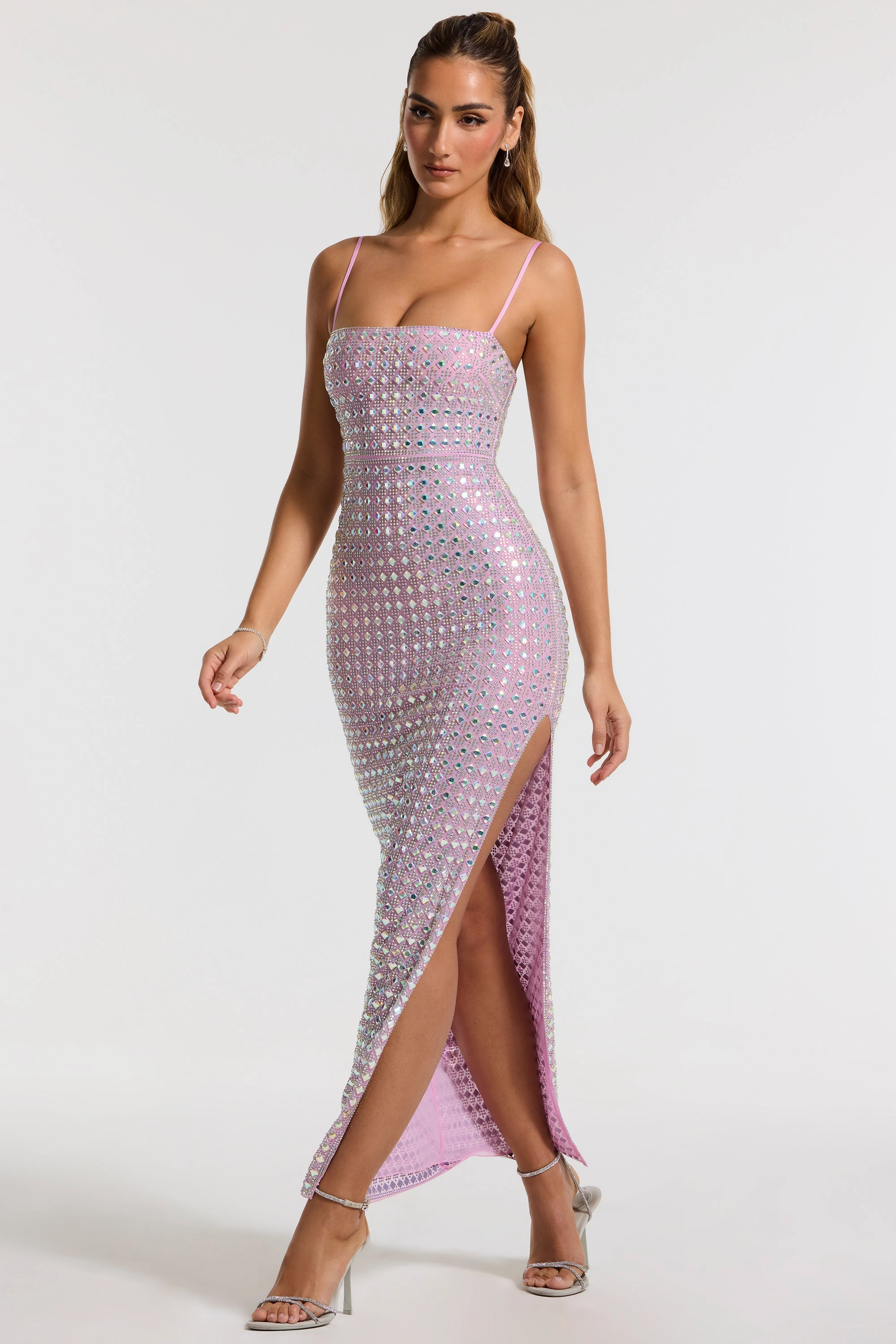 Embellished Square Neck Evening Gown in Lilac
