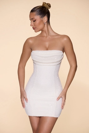 Embellished Strapless Cowl Neck Mini Dress in Ivory Dresses outlet online