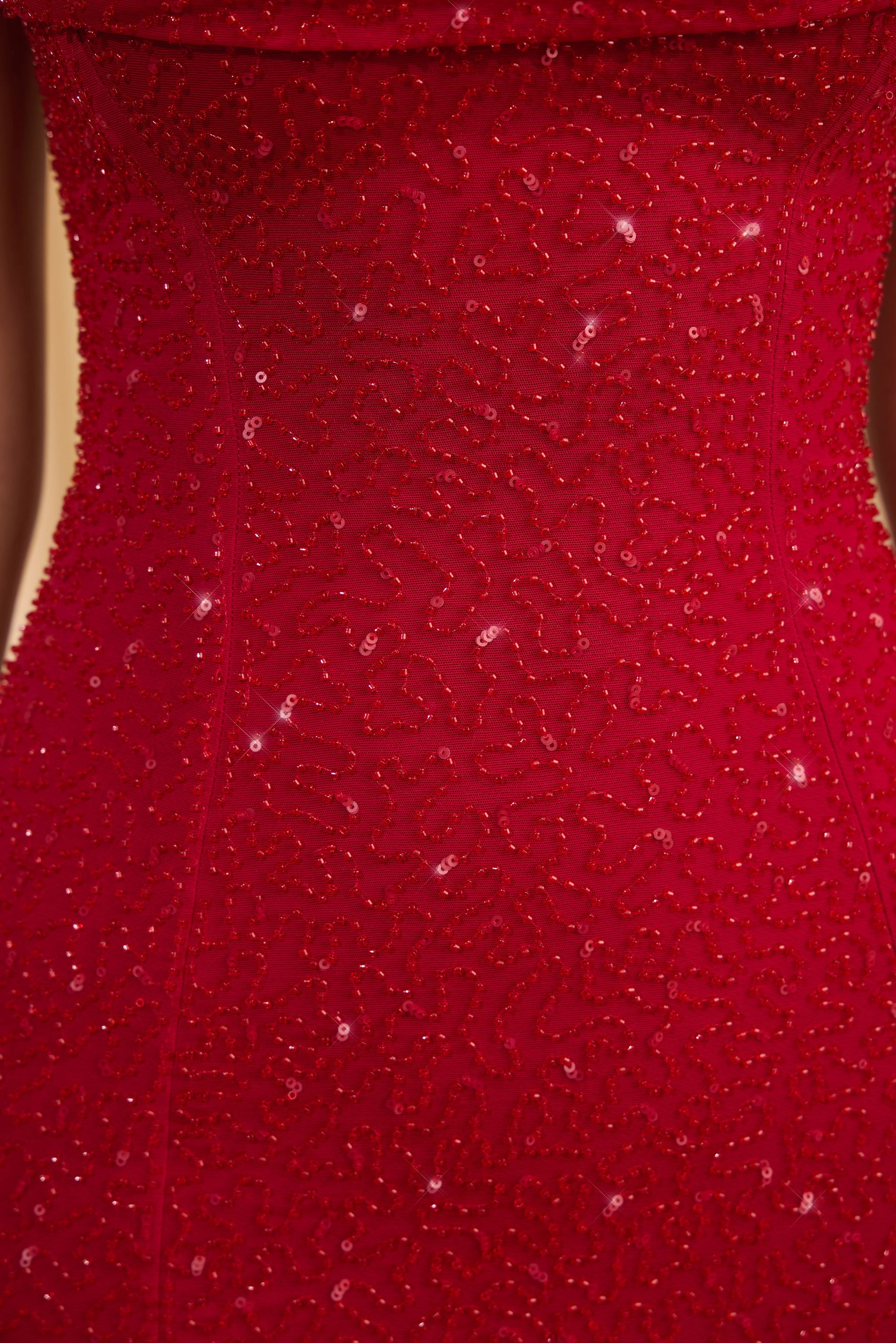 Embellished Strapless Cowl-Neck Mini Dress in True Red