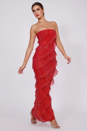 Embellished Strapless Ruffle Maxi Dress in Fire Red shop for Dresses online