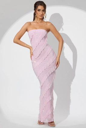 Embellished Strapless Ruffle Maxi Dress in Soft Pink Dresses best price