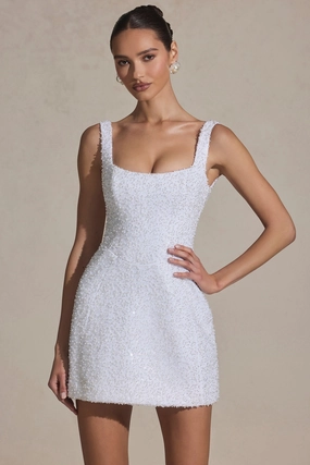 Embellished Structured A-Line Mini Dress in White Dresses outlet online