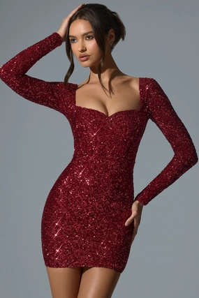 Embellished Sweetheart-Neck Mini Dress in Red shop for Dresses online