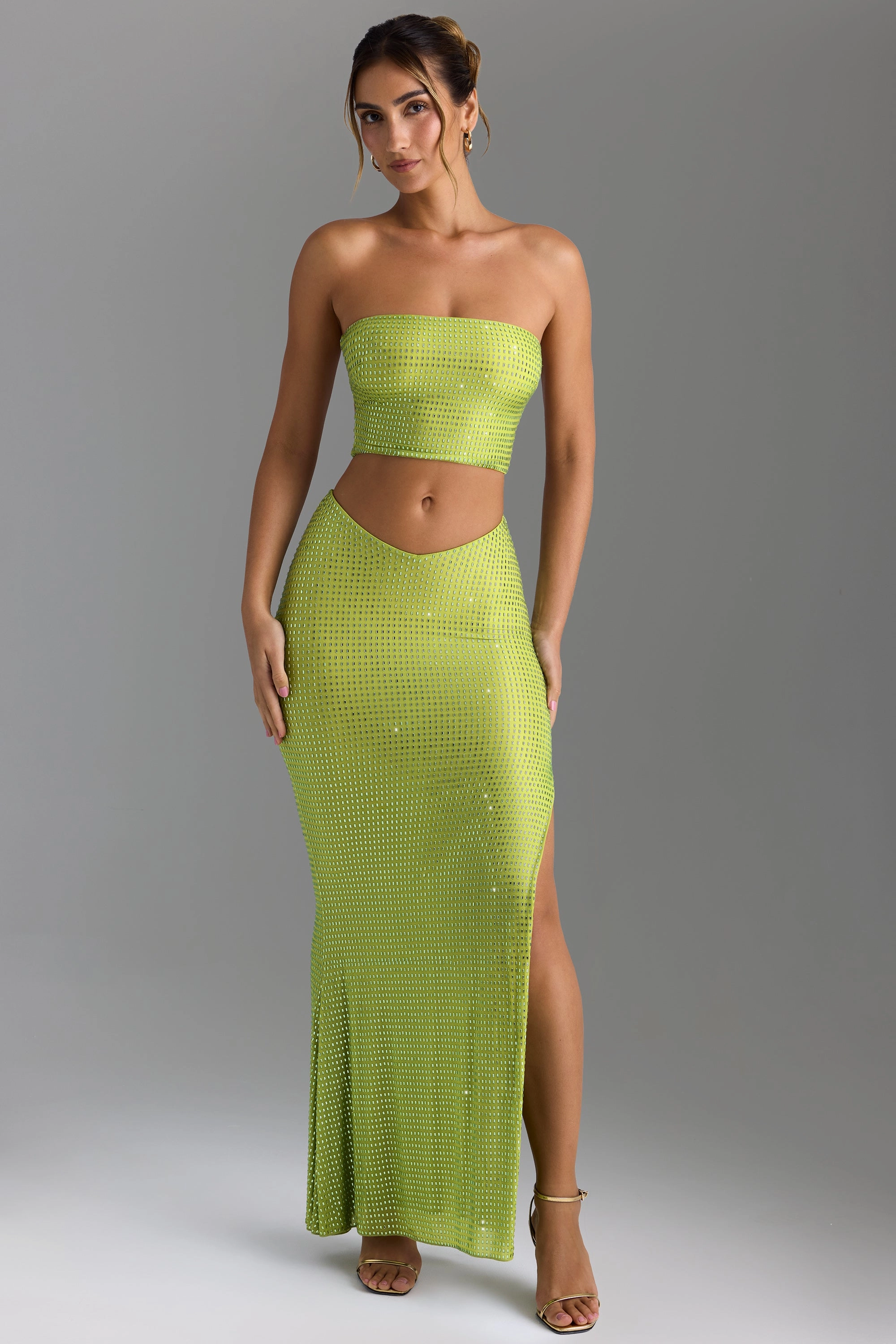 Embellished V-Waist Maxi Skirt in Pear Green
