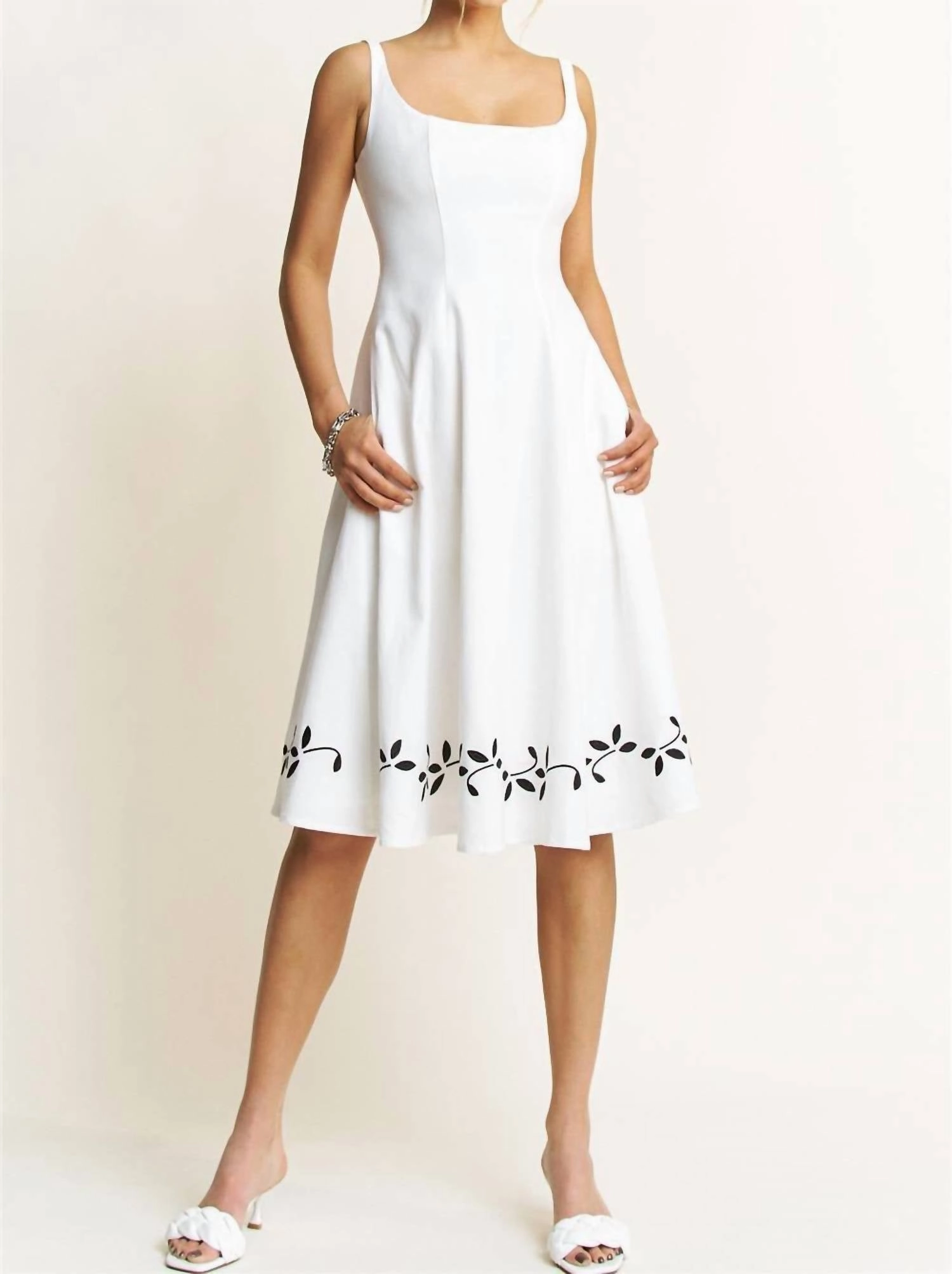 Embroidered Linen Flare Midi Dress In White