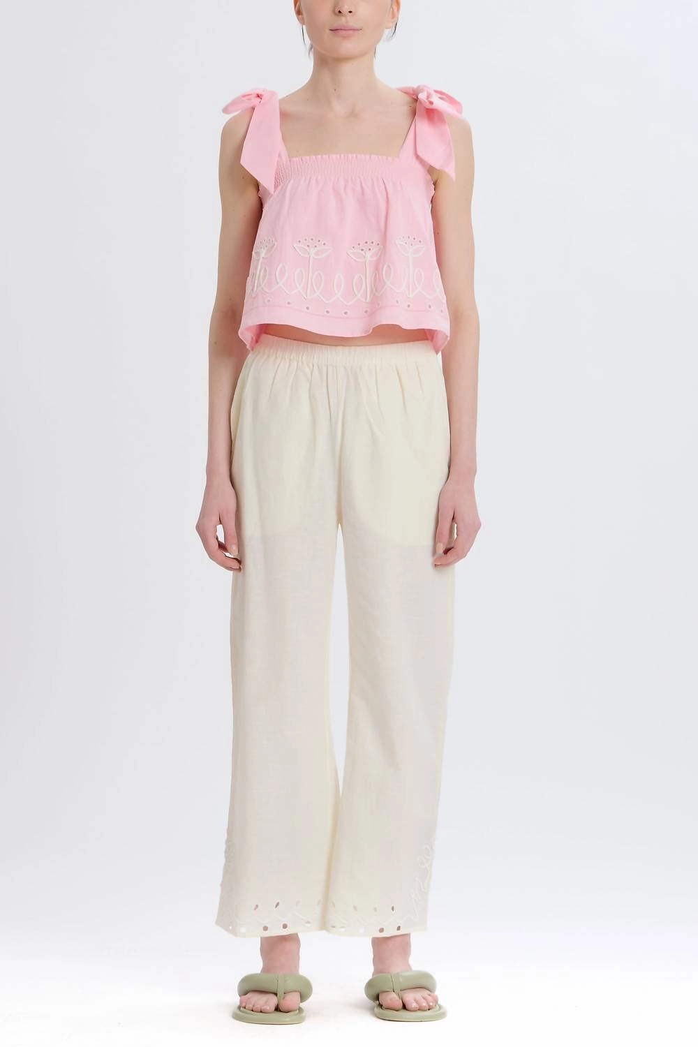 Embroidered Tie Shoulder Top In Pink Combo