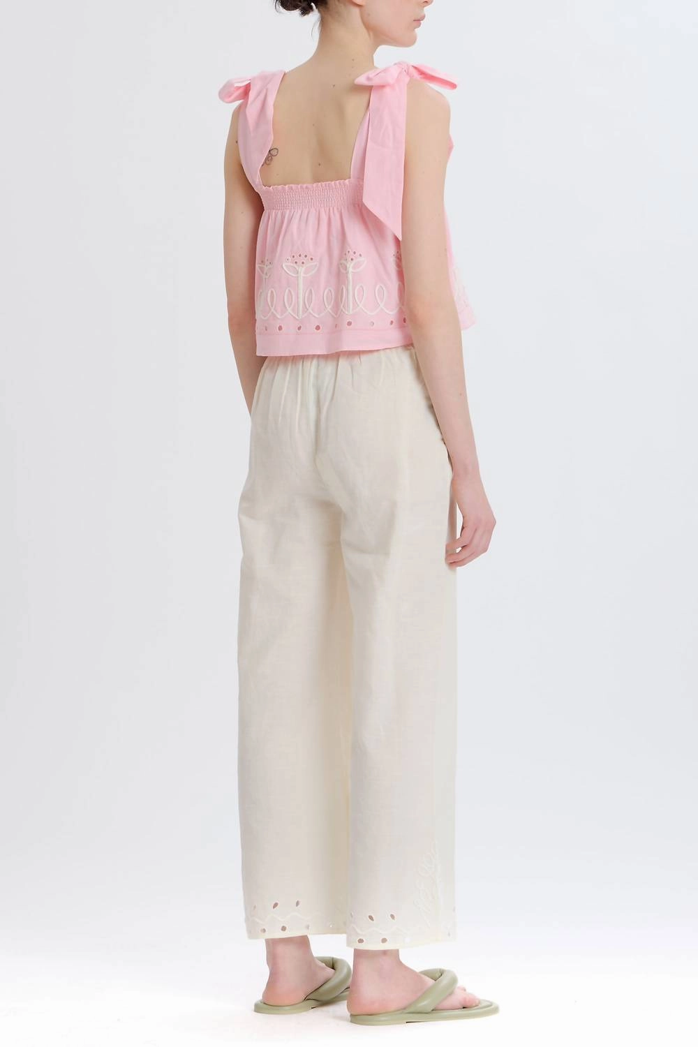 Embroidered Tie Shoulder Top In Pink Combo
