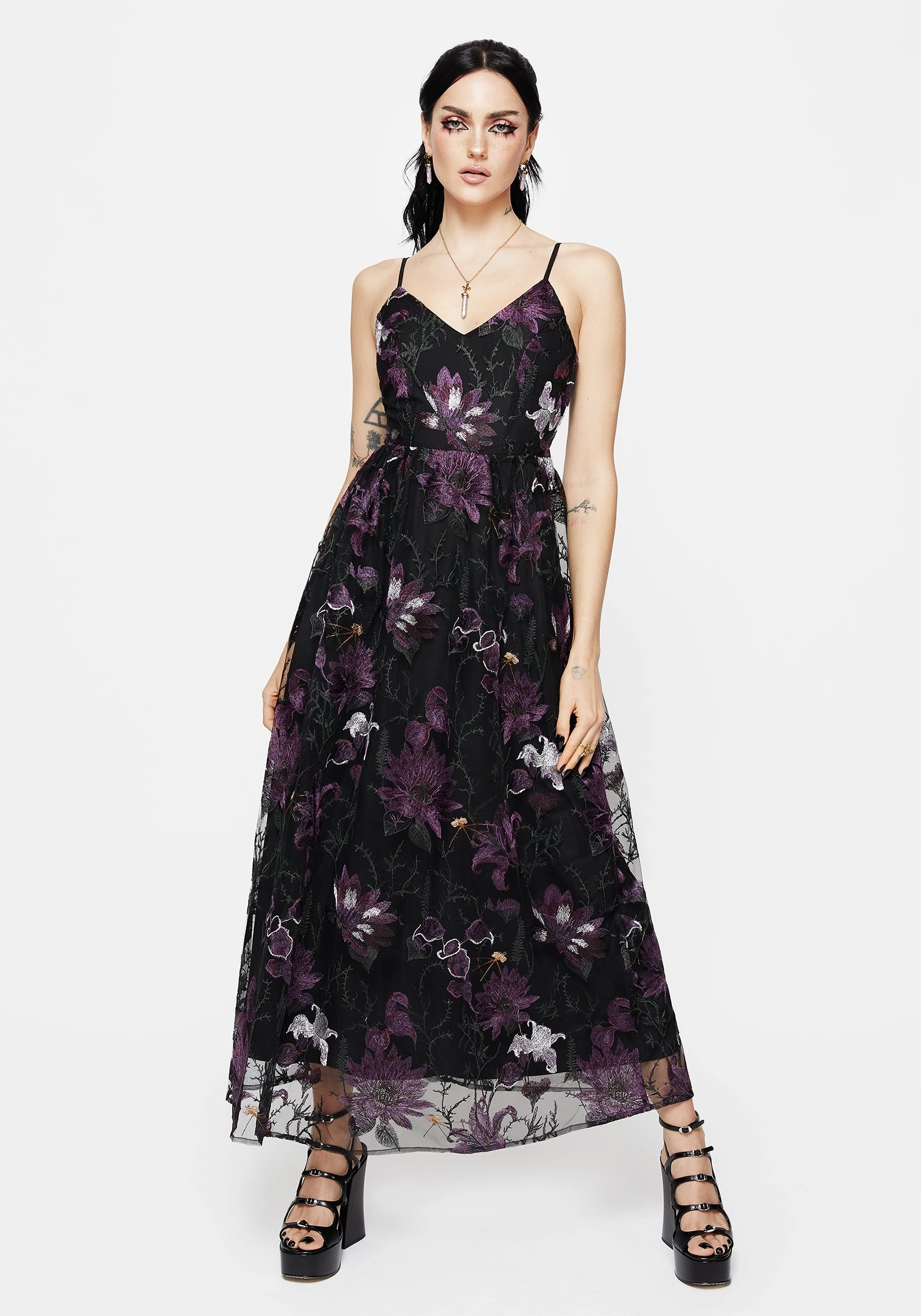 Estrid Embroidered Mesh Midaxi Cami Dress