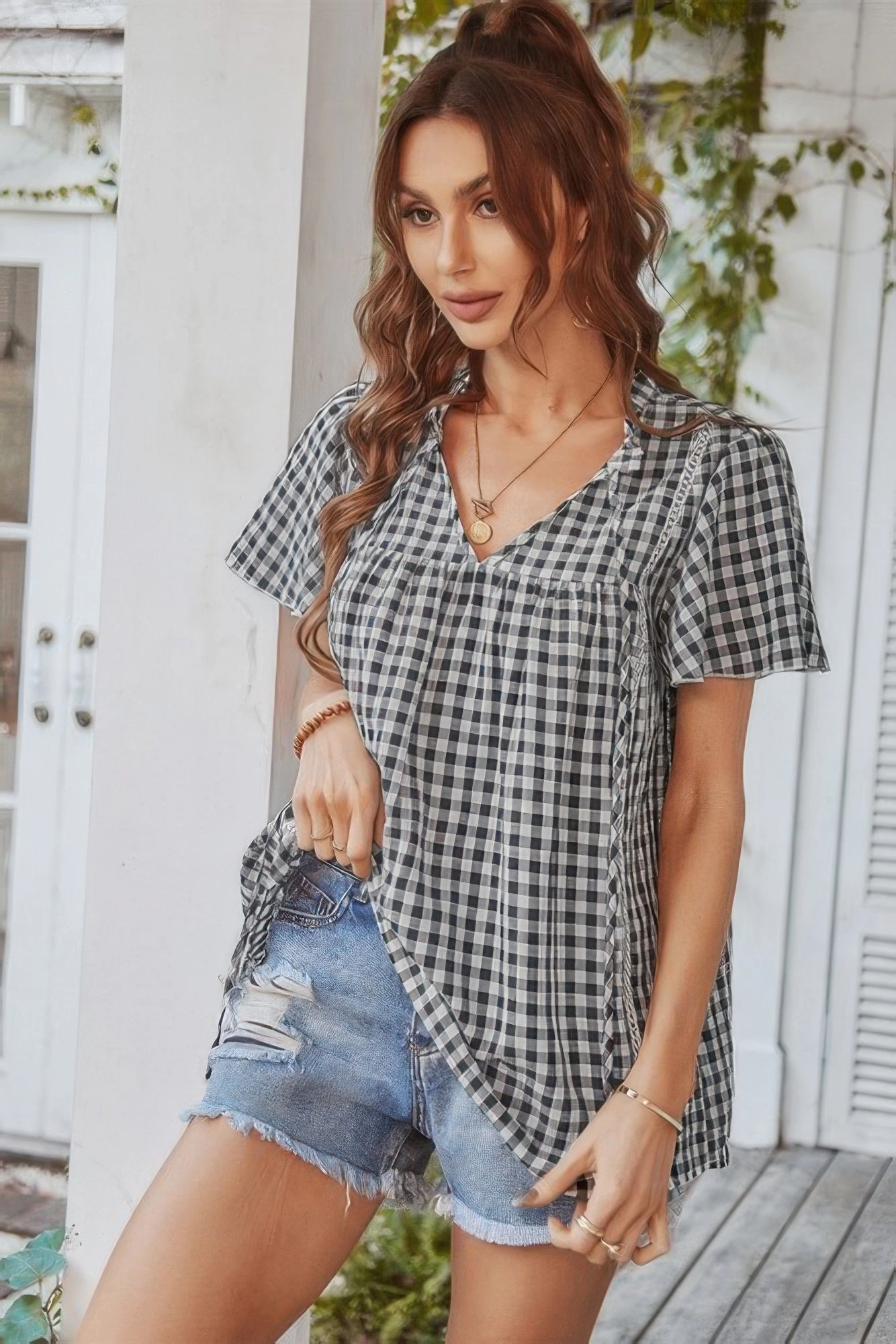 FASHNZFAB Gingham V Neck Plaid Loose Drawstring Blouse