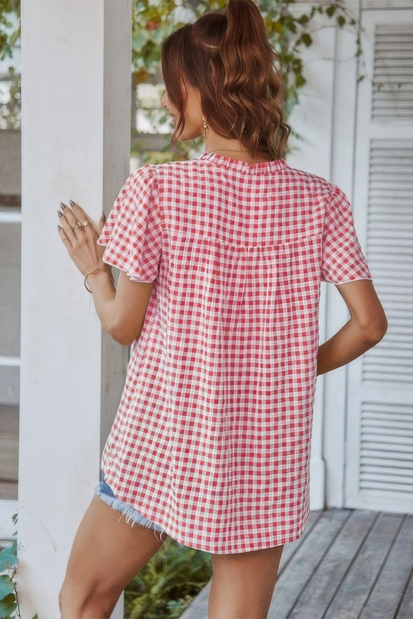 FASHNZFAB Gingham V Neck Plaid Loose Drawstring Blouse