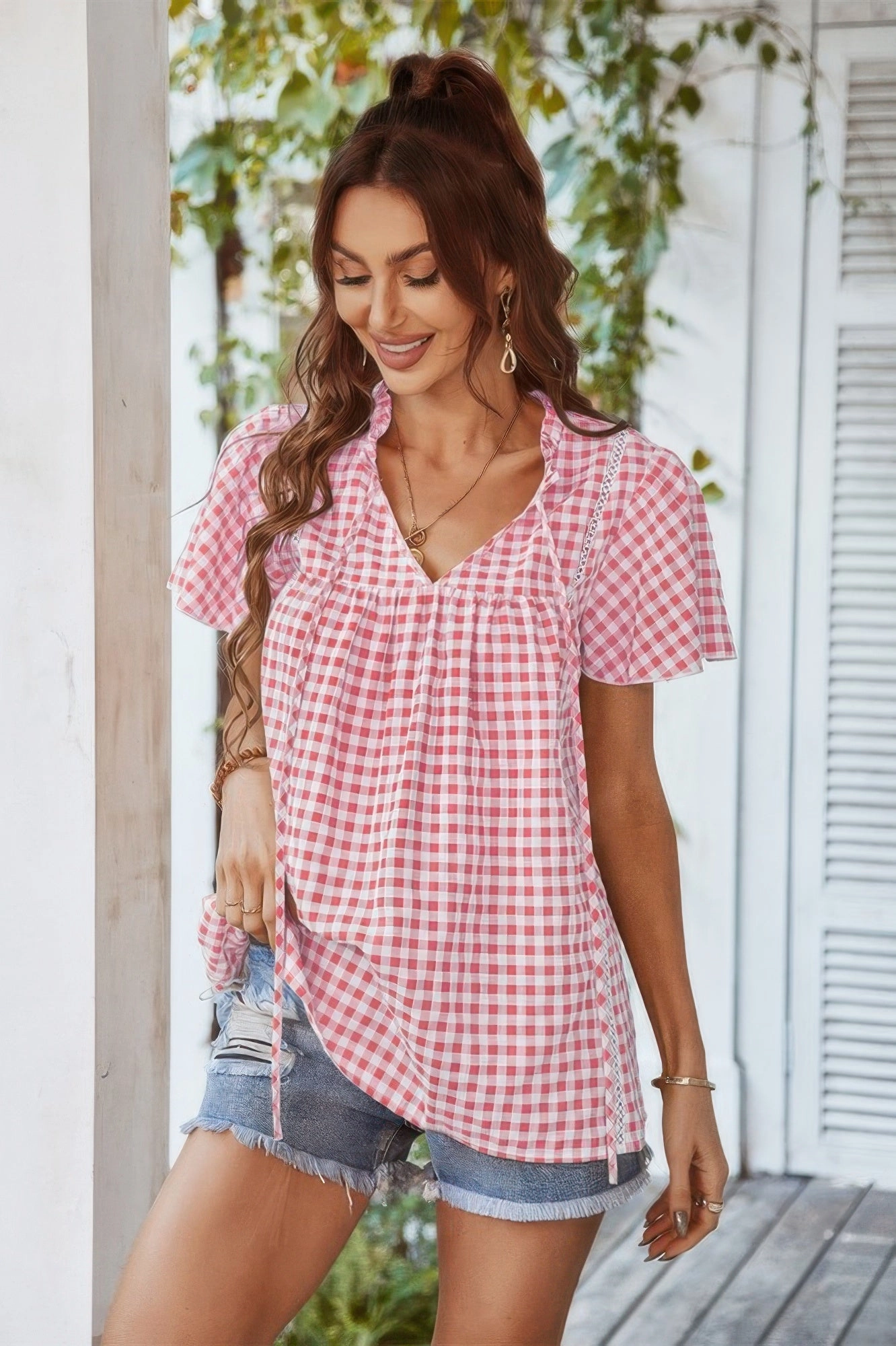 FASHNZFAB Gingham V Neck Plaid Loose Drawstring Blouse