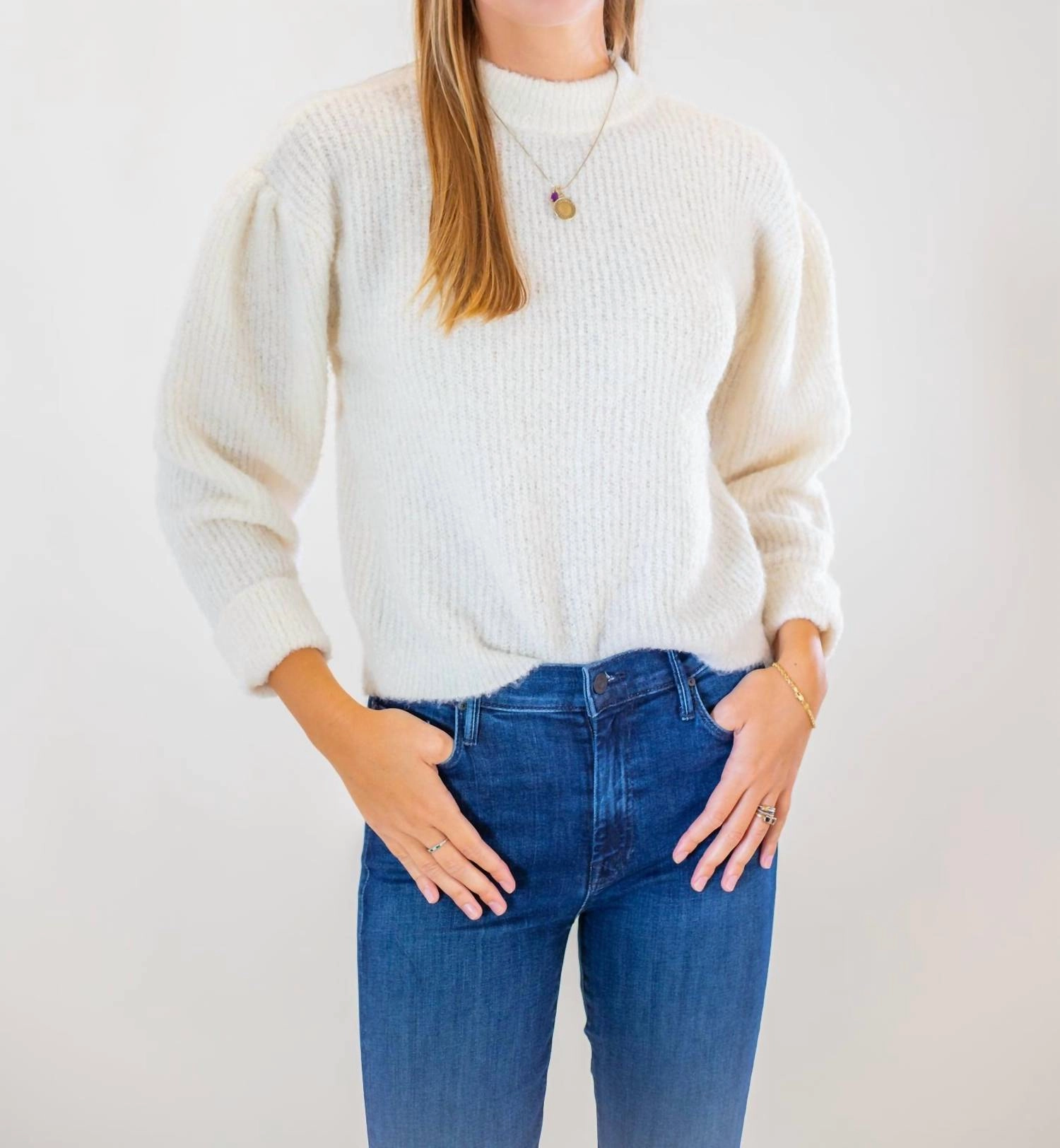 Fass Boucle Puff Sleeve Pullover Sweater In Chalk