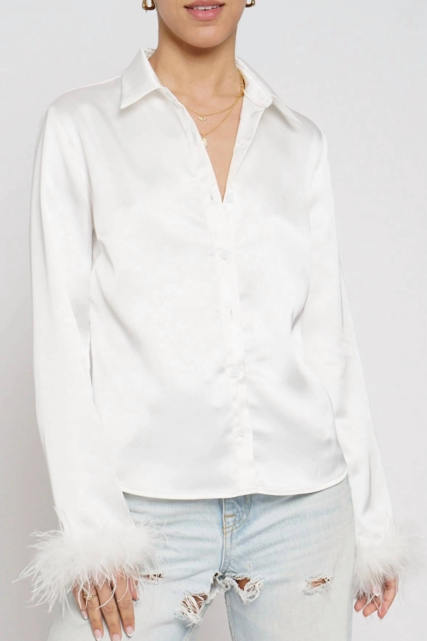 Feather Trim Button Down Shirt In White
