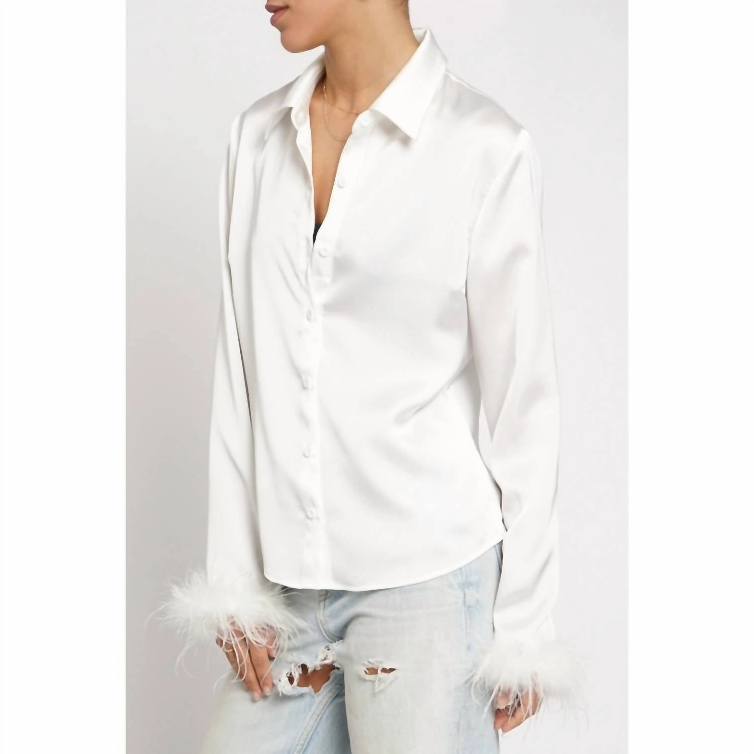Feather Trim Button Down Shirt In White