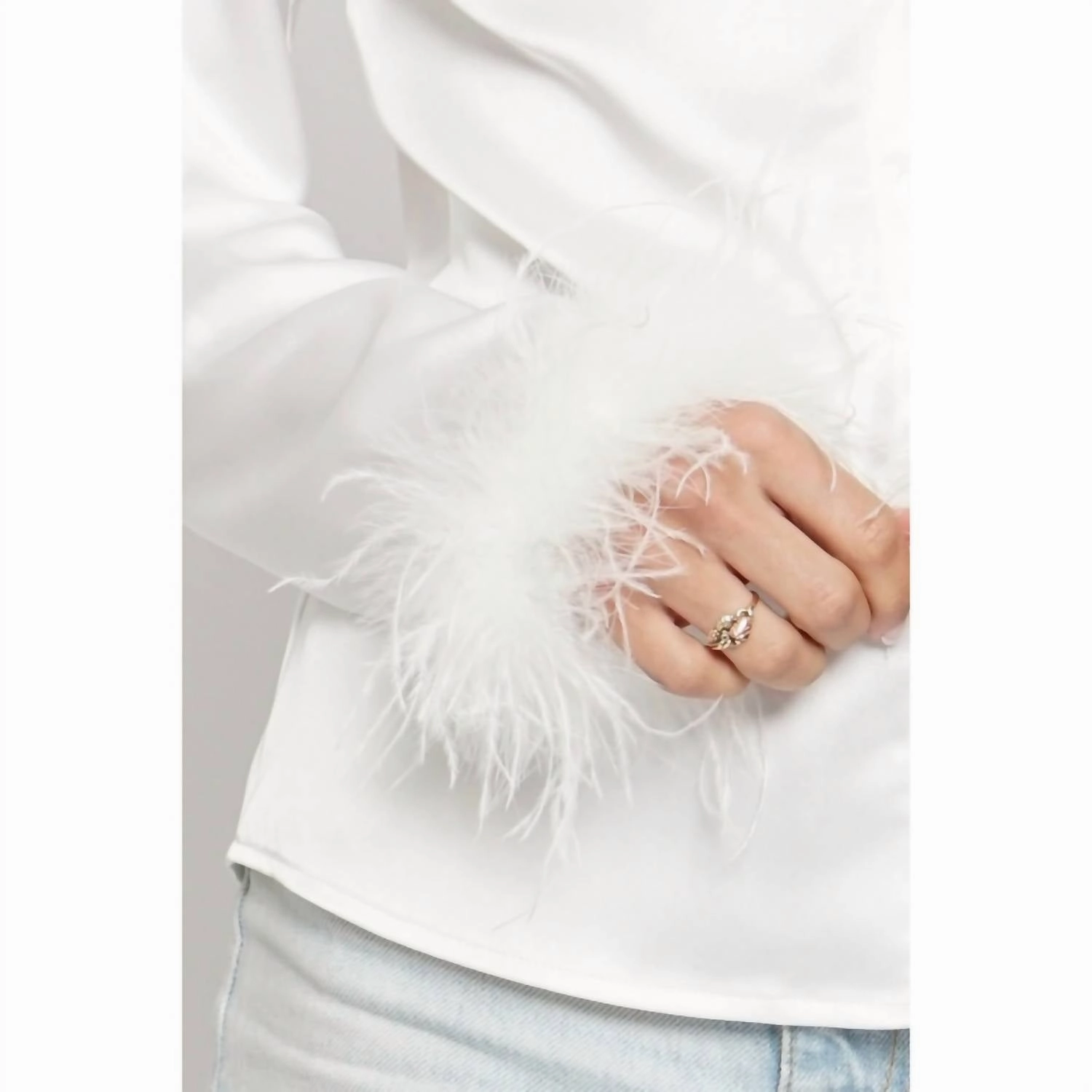 Feather Trim Button Down Shirt In White