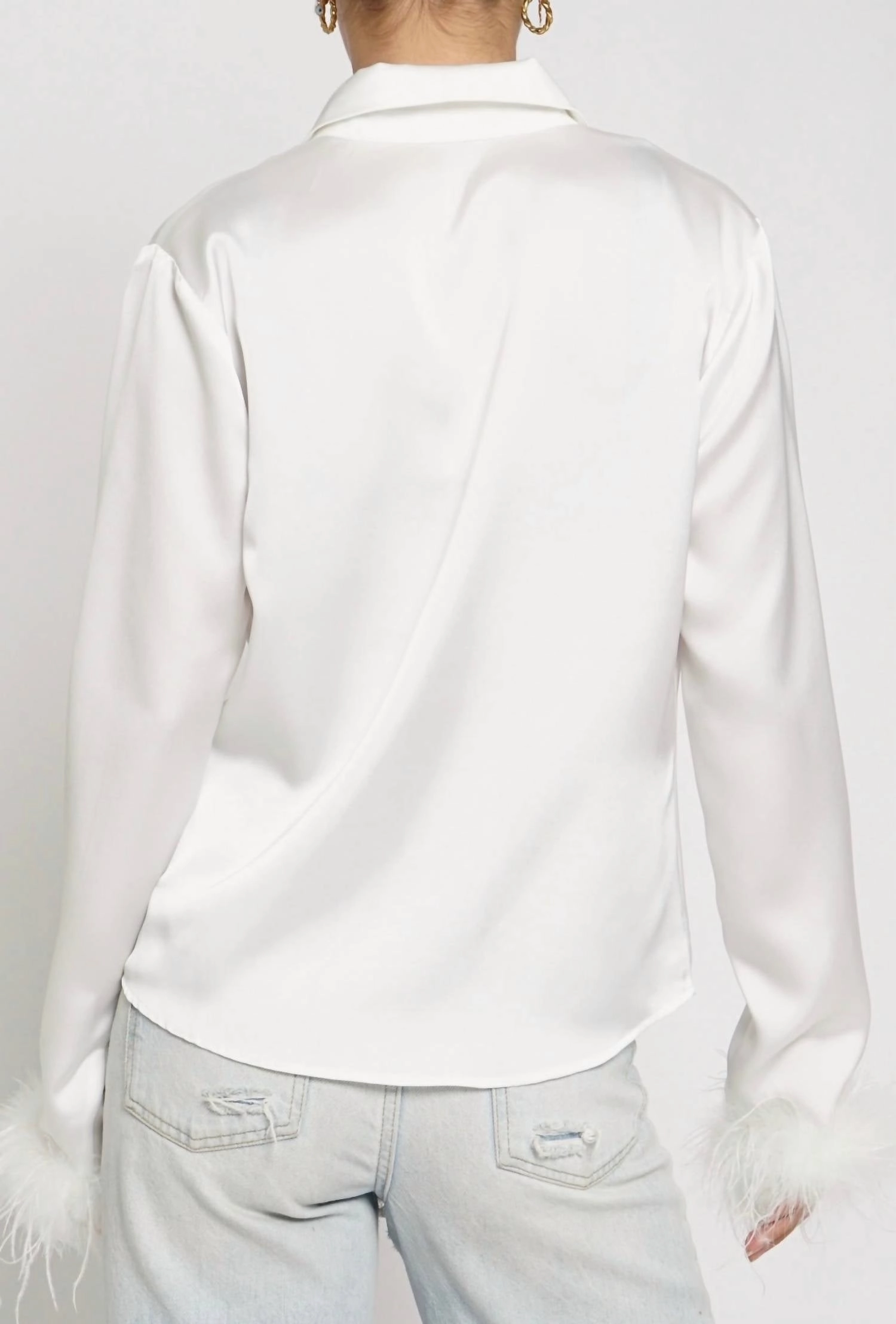 Feather Trim Button Down Shirt In White