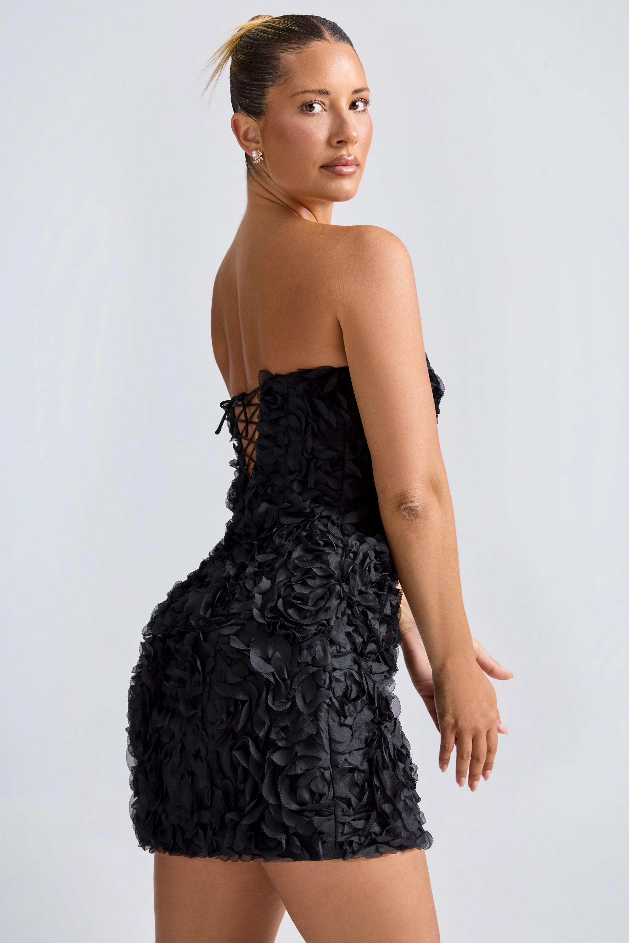 Floral-Appliqu Bandeau A-Line Mini Dress in Black