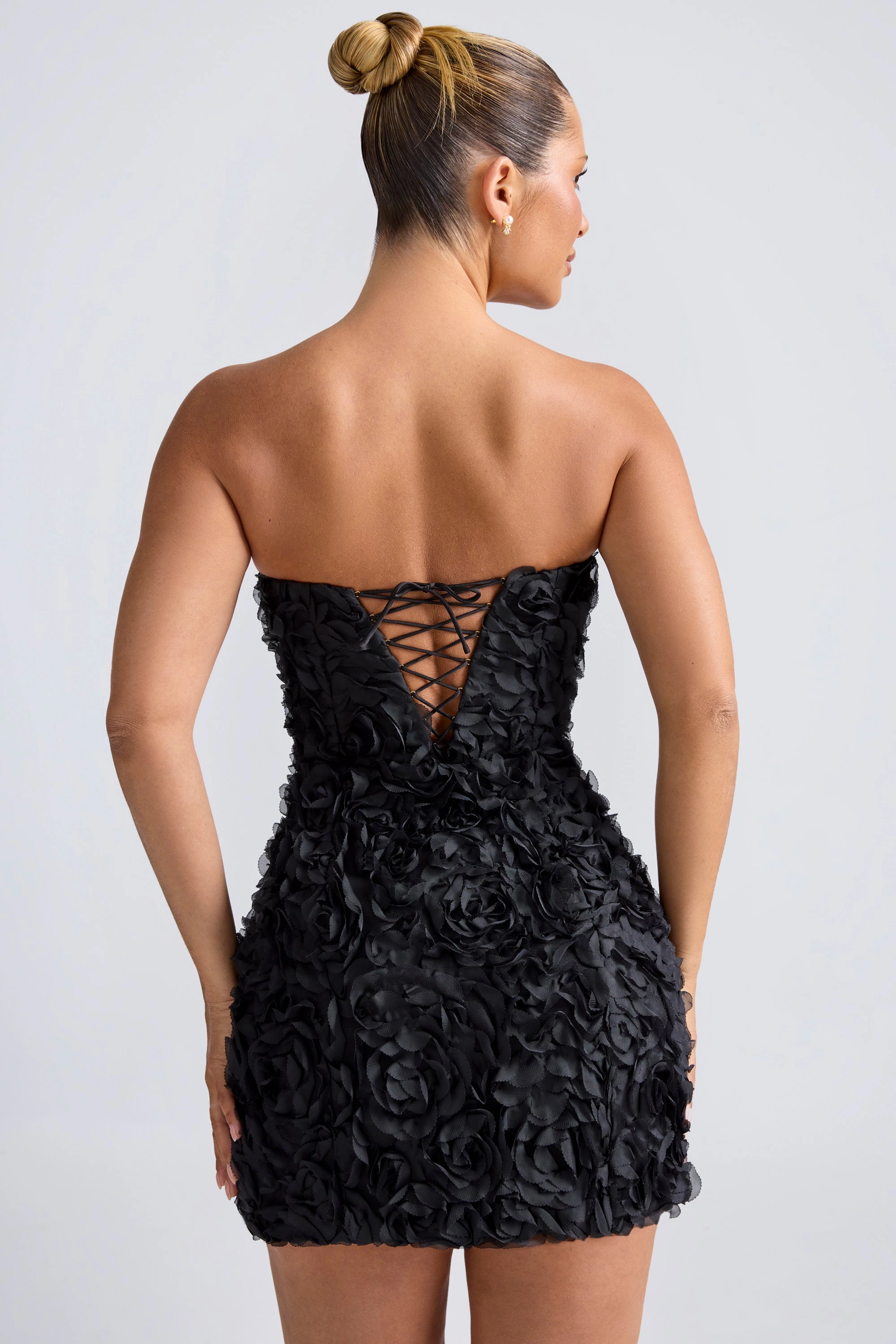 Floral-Appliqu Bandeau A-Line Mini Dress in Black