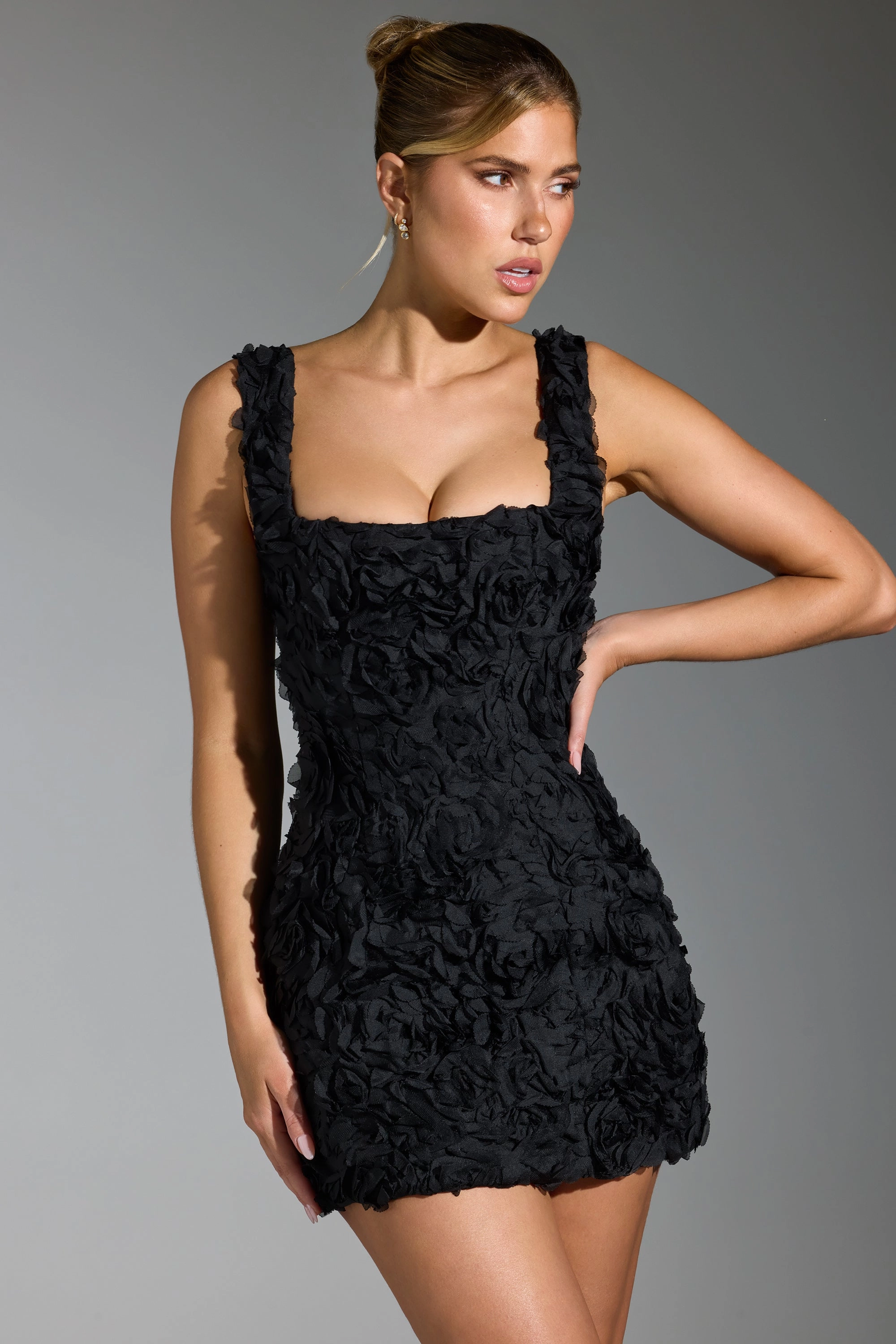 Floral-Appliqu Corset Mini Dress in Black