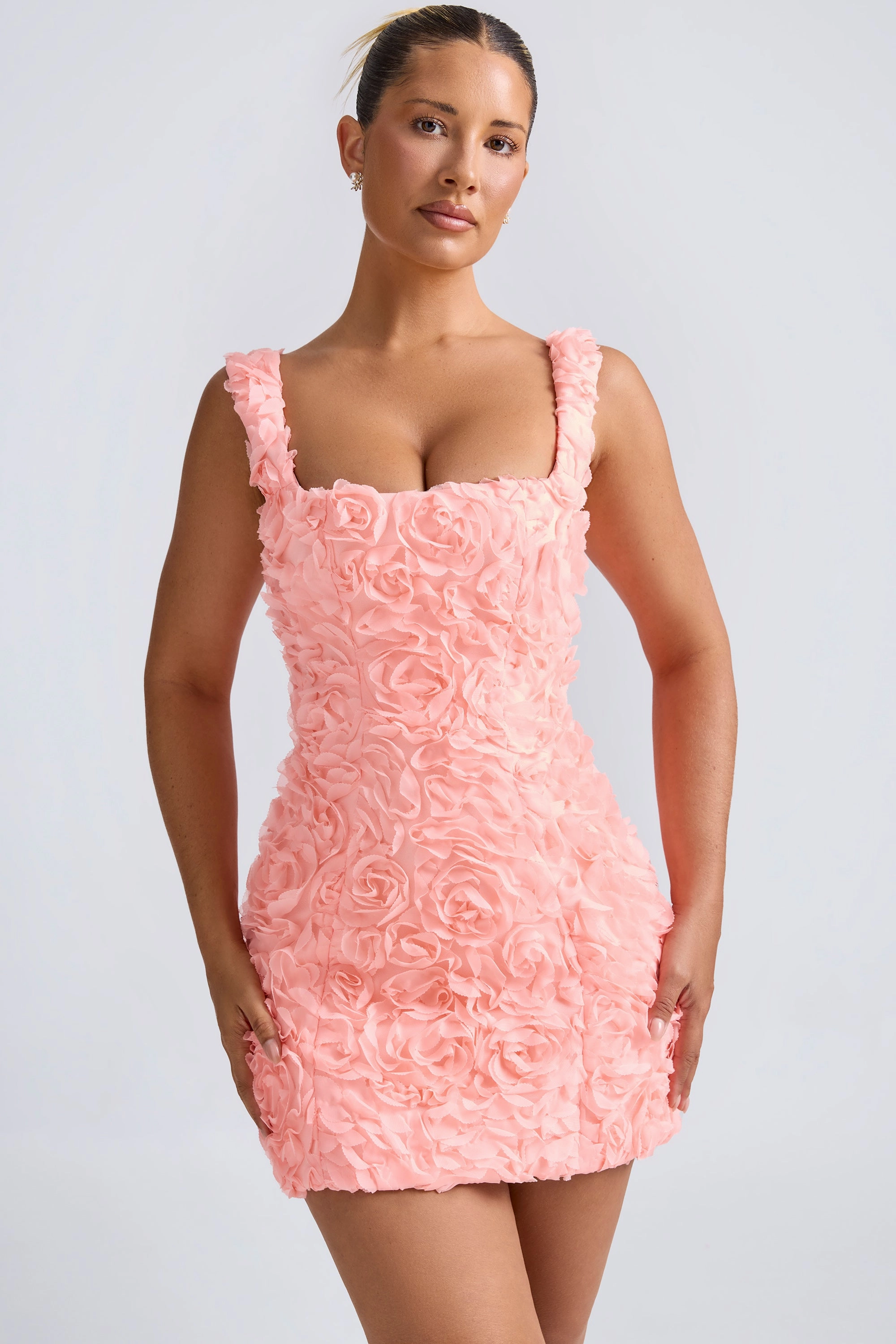 Floral-Appliqu Corset Mini Dress in Coral