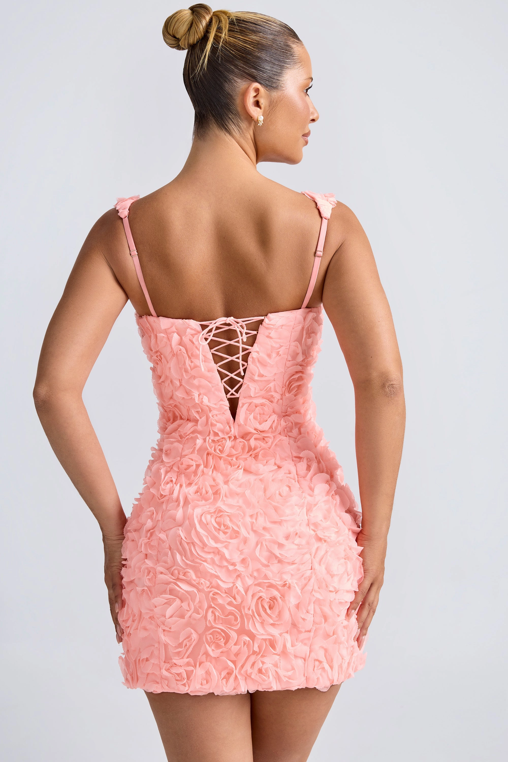 Floral-Appliqu Corset Mini Dress in Coral