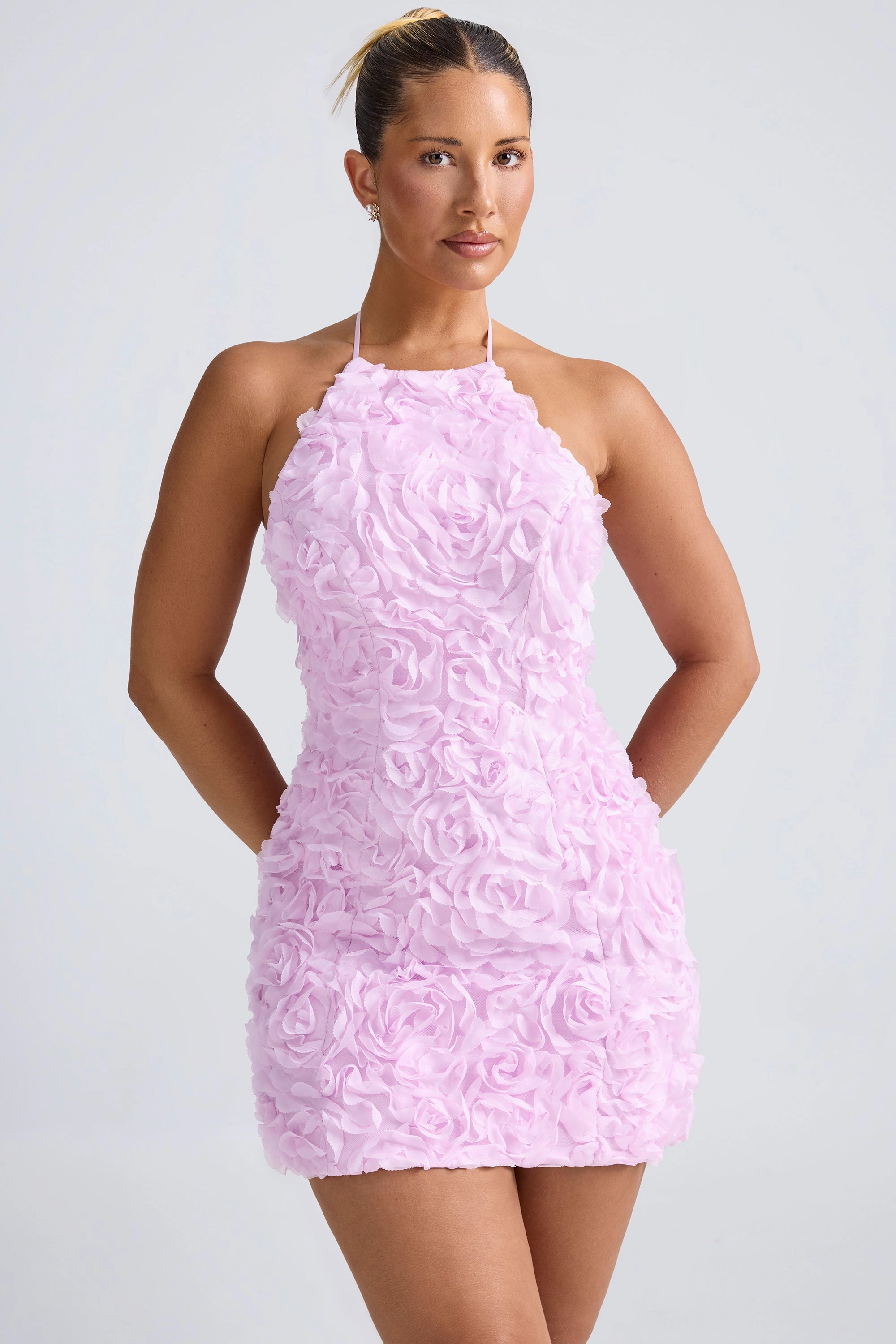 Floral-Appliqu Halterneck A-Line Mini Dress in Lilac
