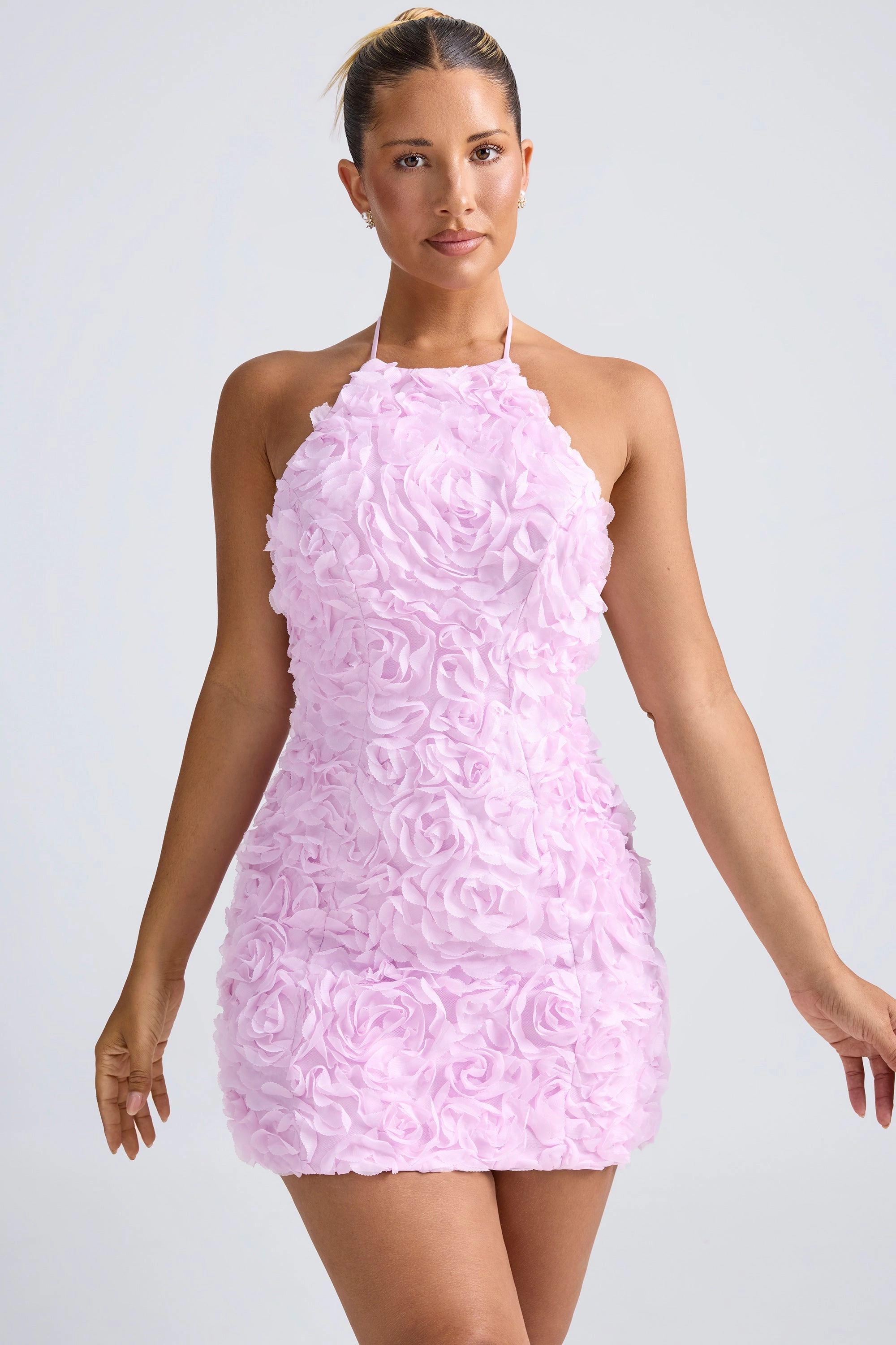 Floral-Appliqu Halterneck A-Line Mini Dress in Lilac Dresses - cocktail dresses sale