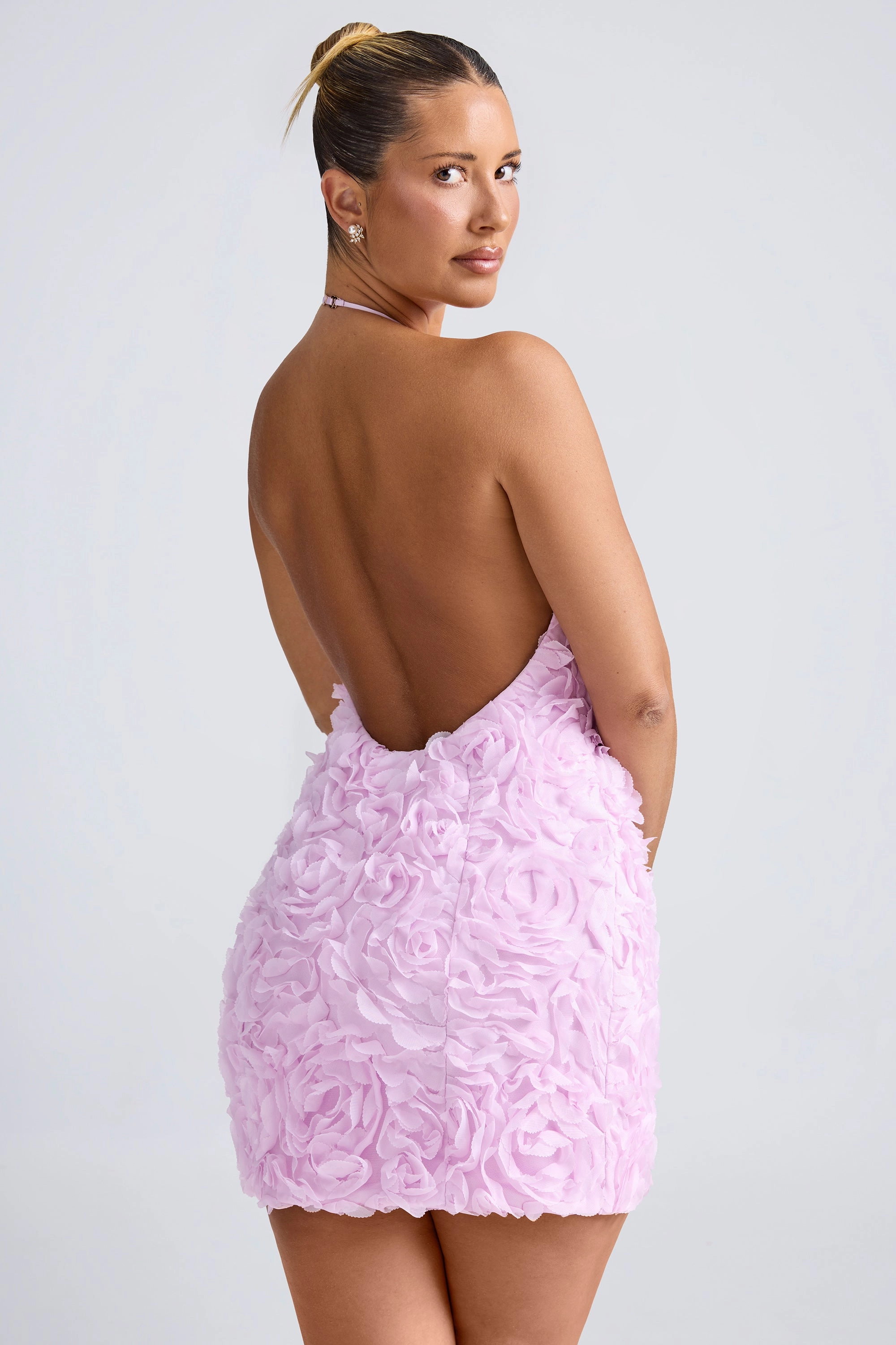 Floral-Appliqu Halterneck A-Line Mini Dress in Lilac