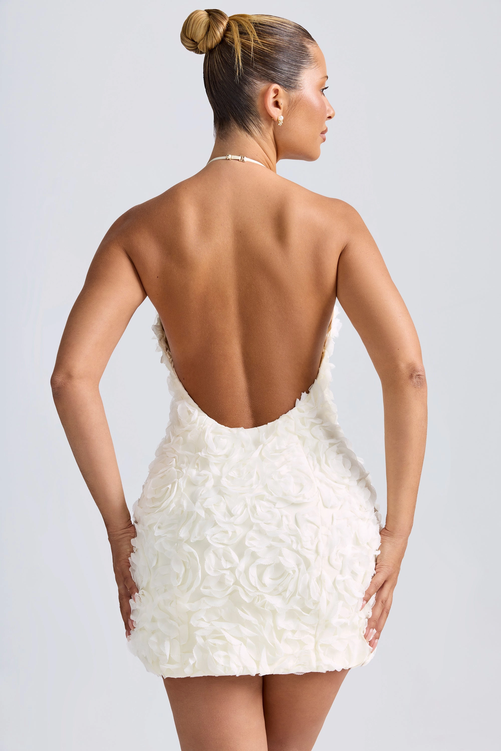 Floral-Appliqu Halterneck A-Line Mini Dress in White