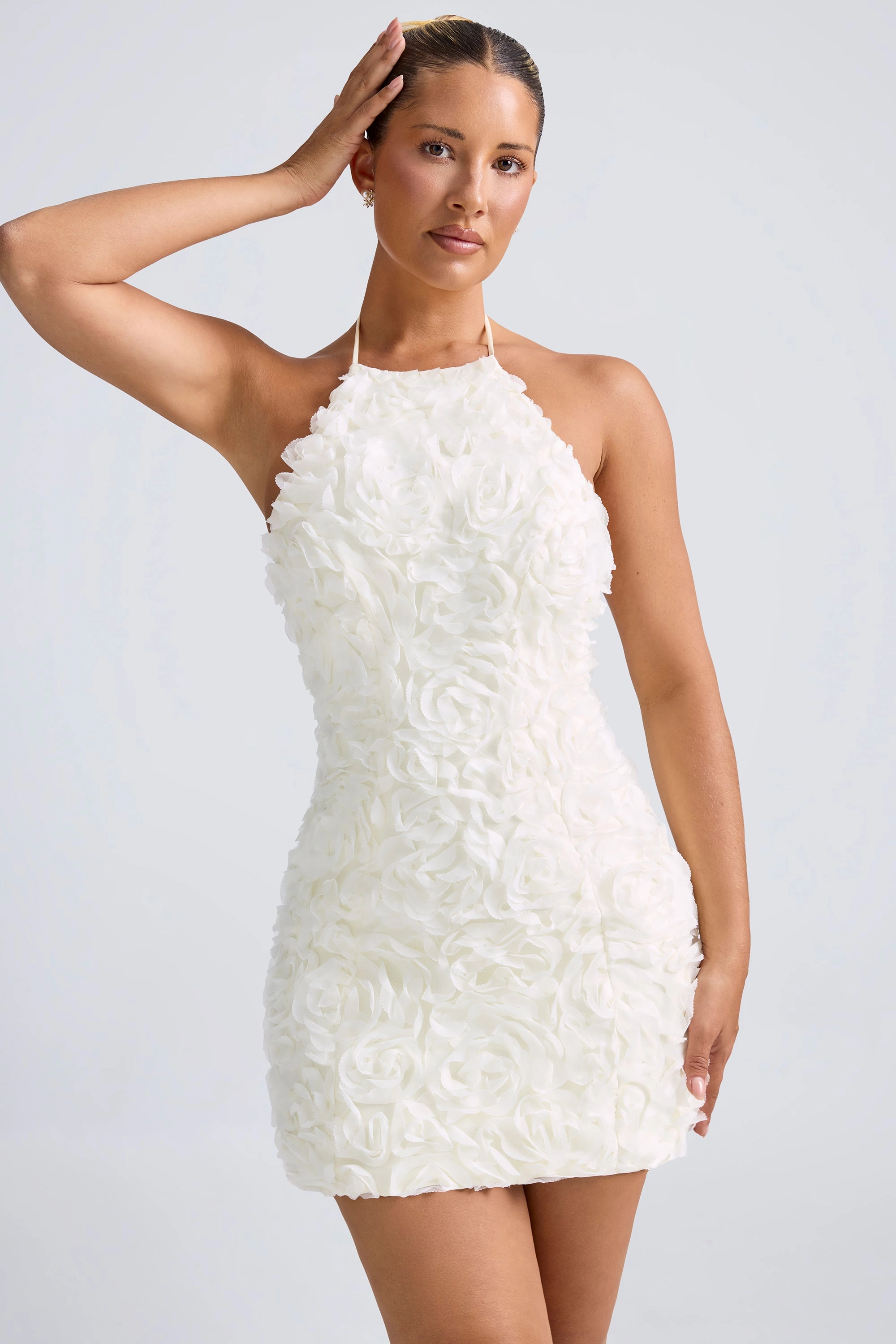 Floral-Appliqu Halterneck A-Line Mini Dress in White
