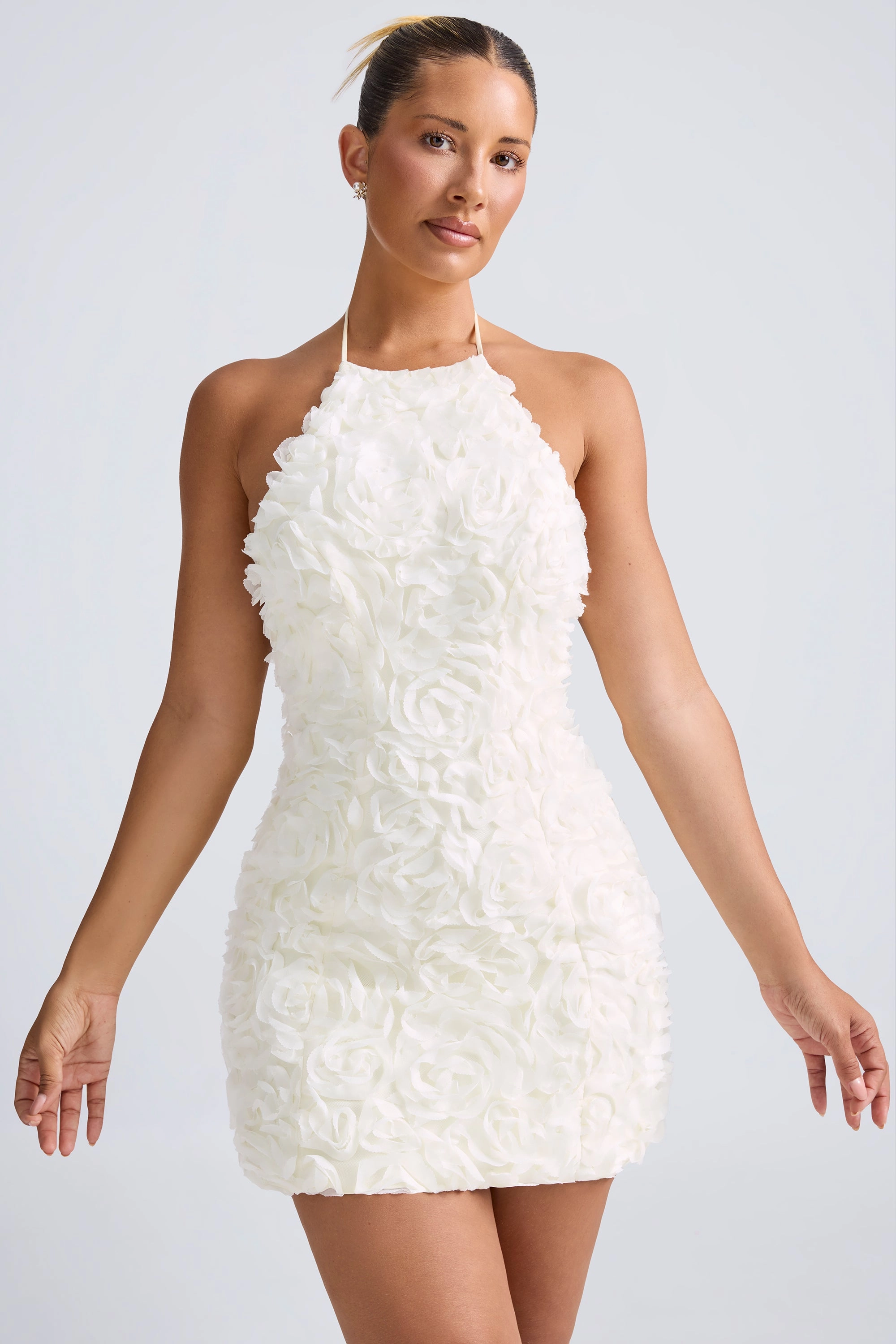 Floral-Appliqu Halterneck A-Line Mini Dress in White
