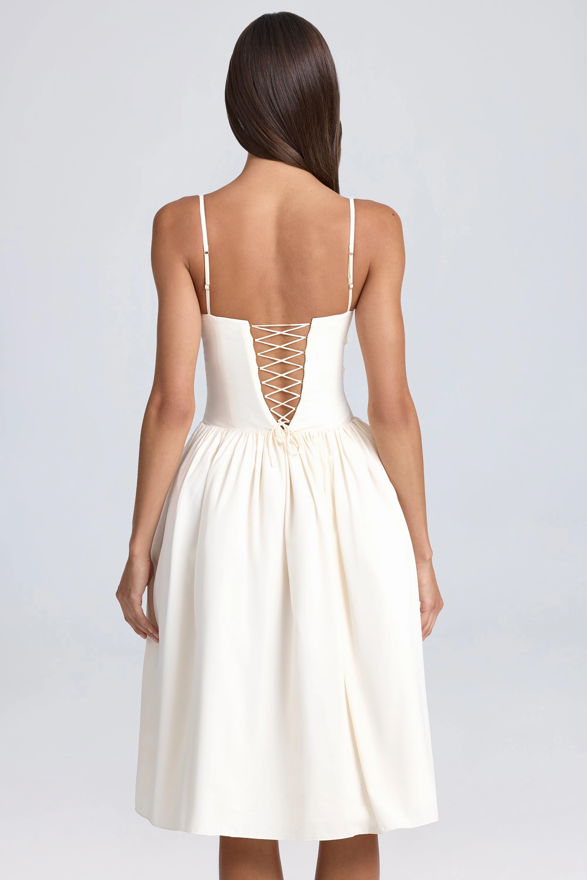 Floral-Appliqu Midi Dress in Ivory