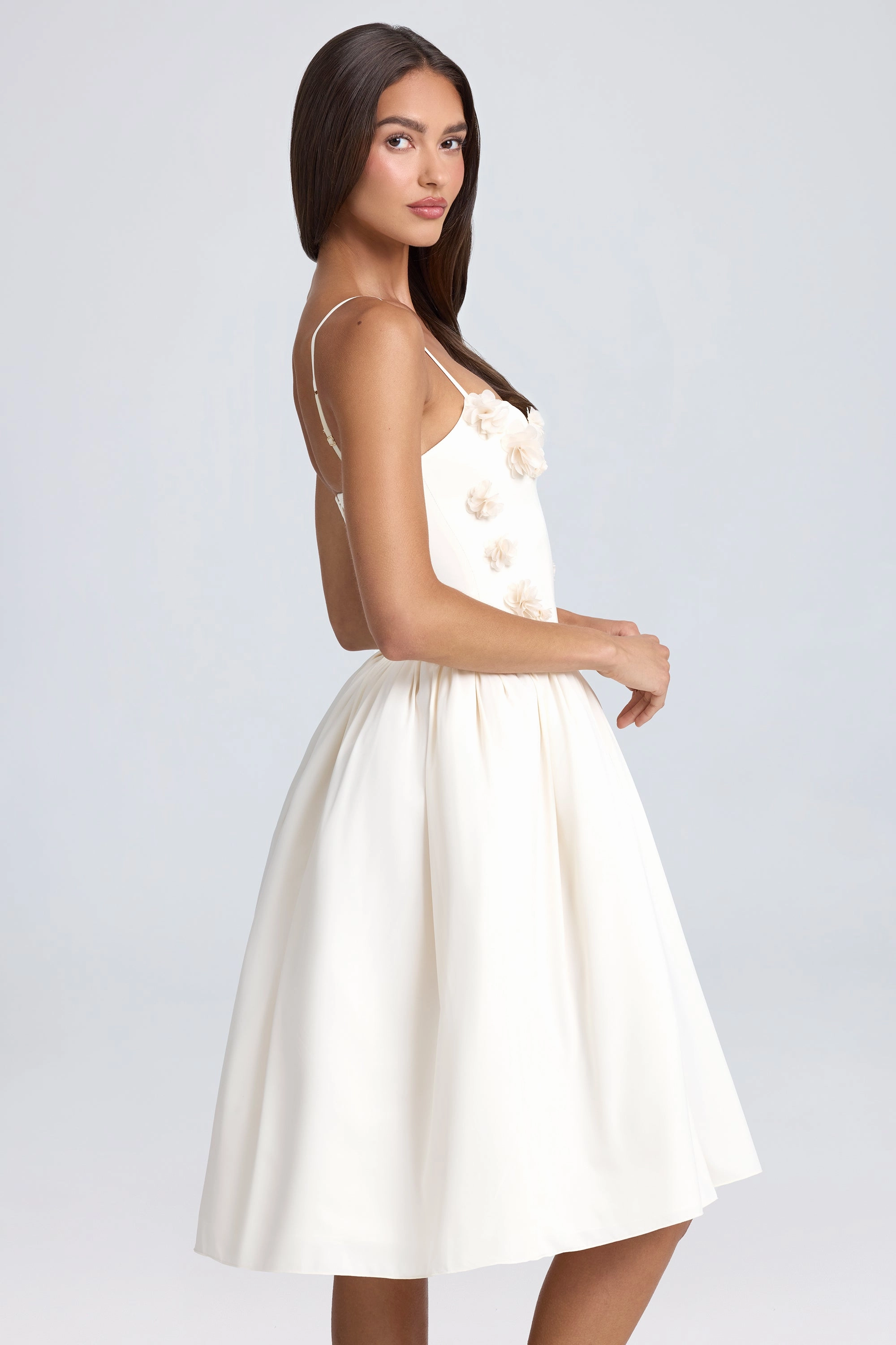 Floral-Appliqu Midi Dress in Ivory