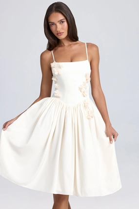 Floral-Appliqu Midi Dress in Ivory Dresses outlet online