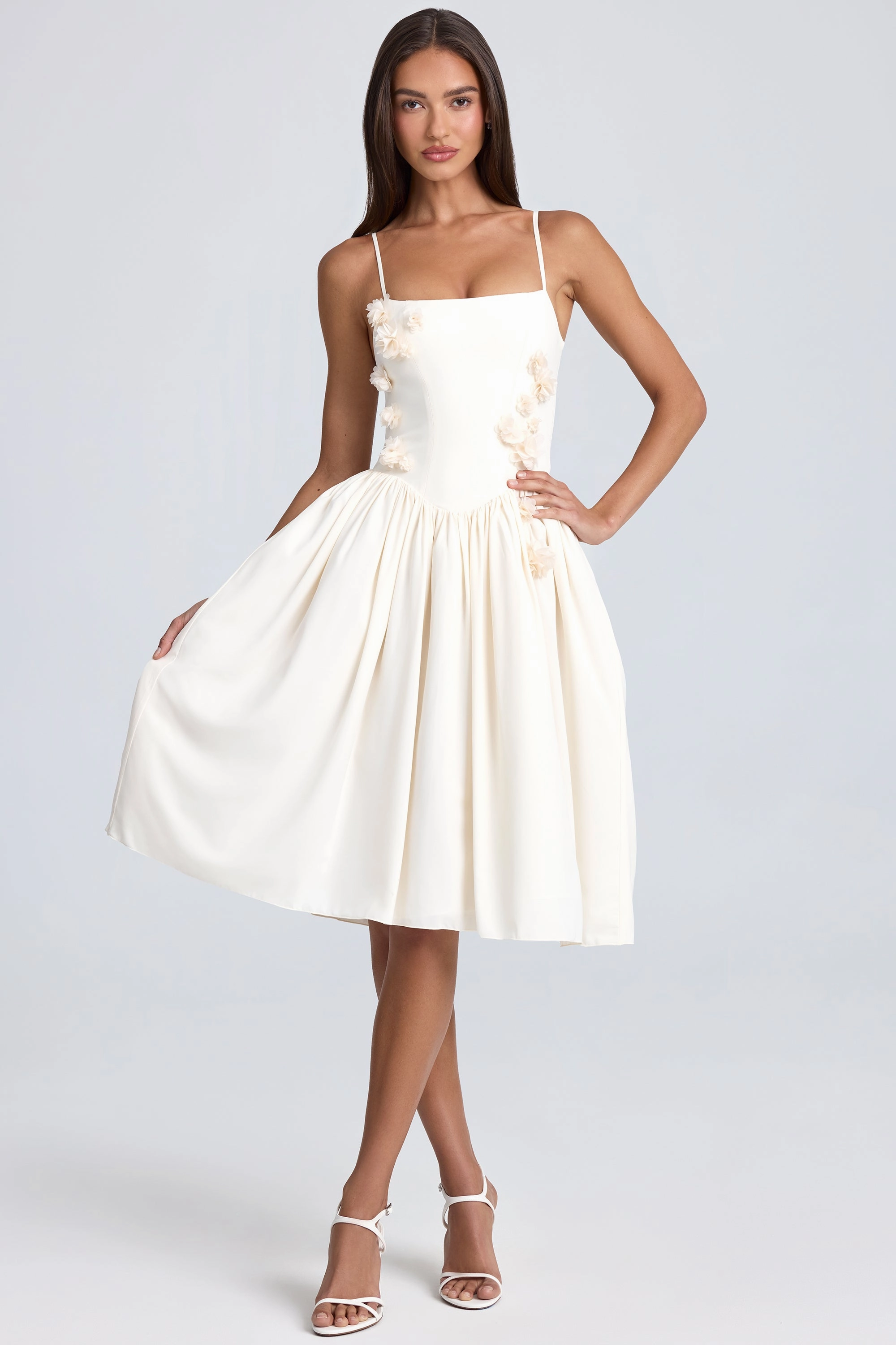 Floral-Appliqu Midi Dress in Ivory