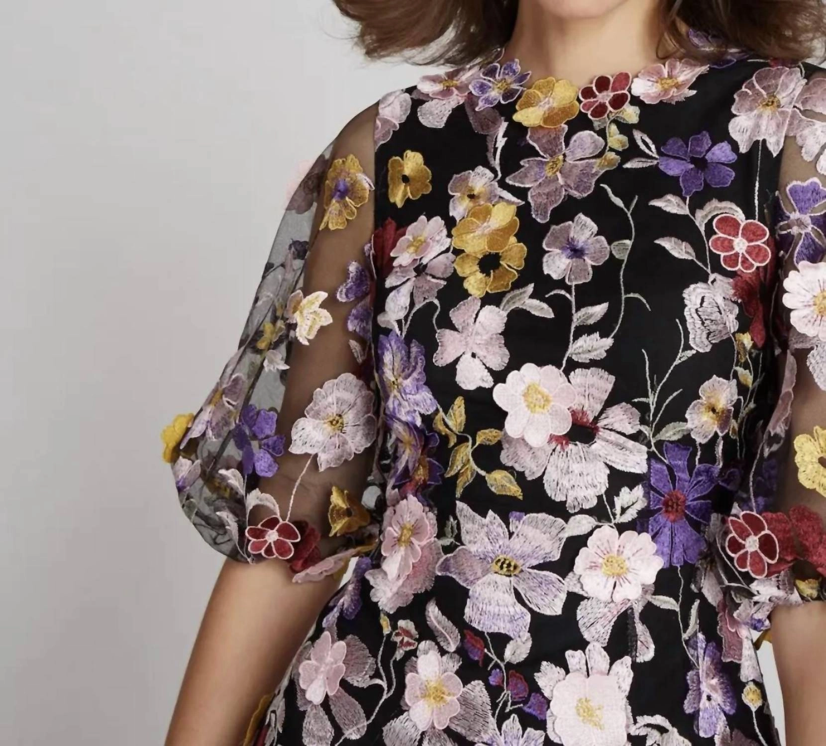 Floral Appliqued Puff Sleeve Dress In Black Floral