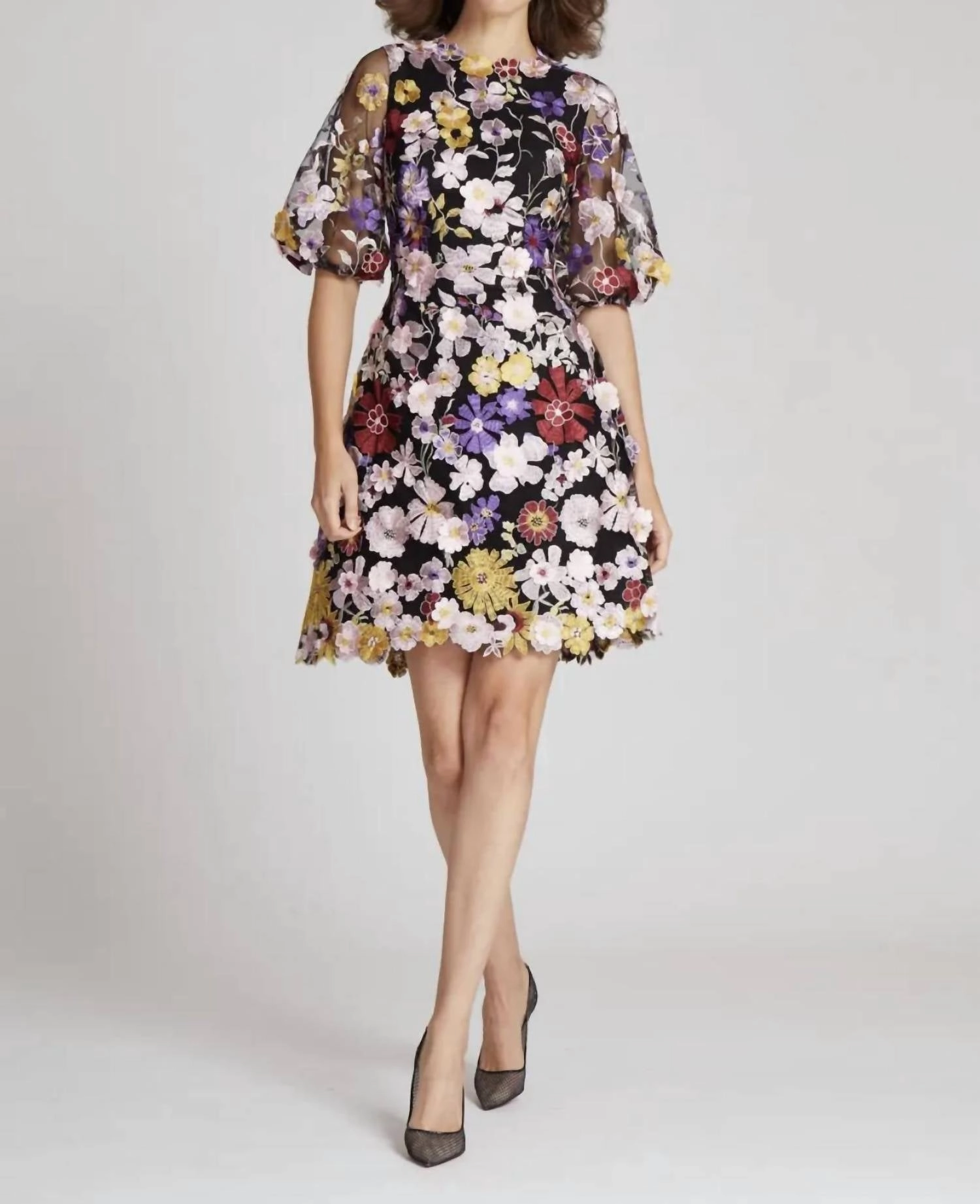 Floral Appliqued Puff Sleeve Dress In Black Floral