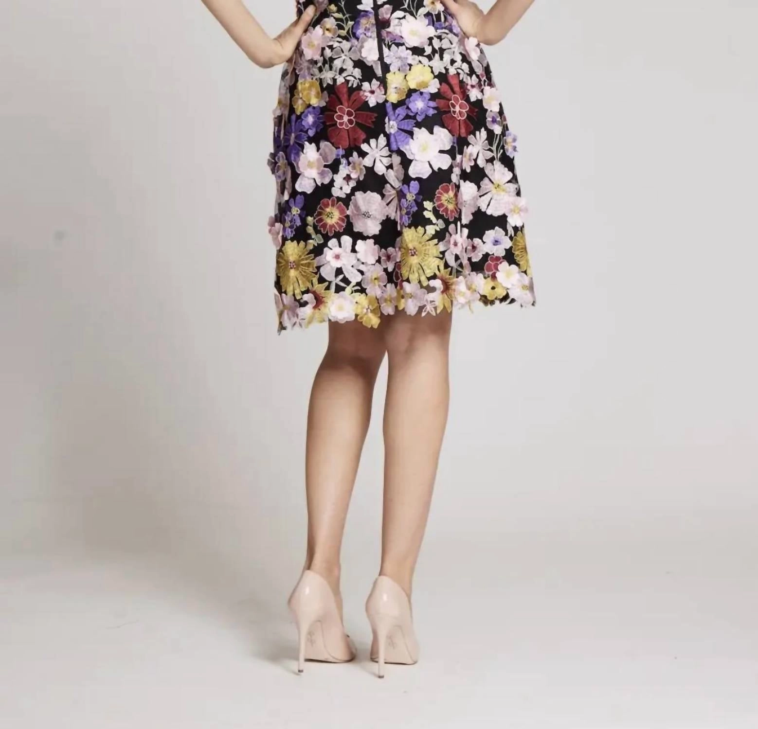 Floral Appliqued Puff Sleeve Dress In Black Floral