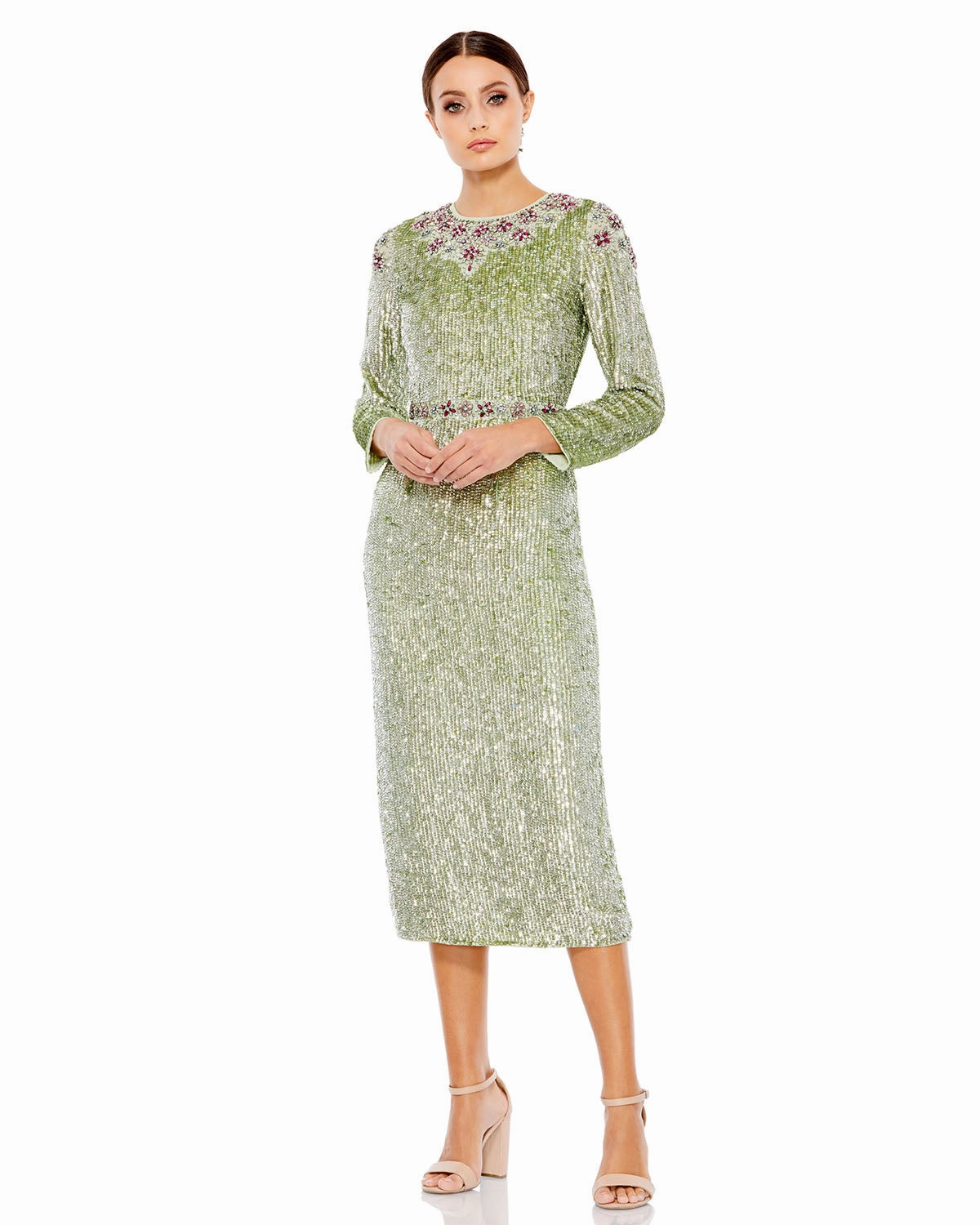 Floral Beaded Tea-Length Dress
