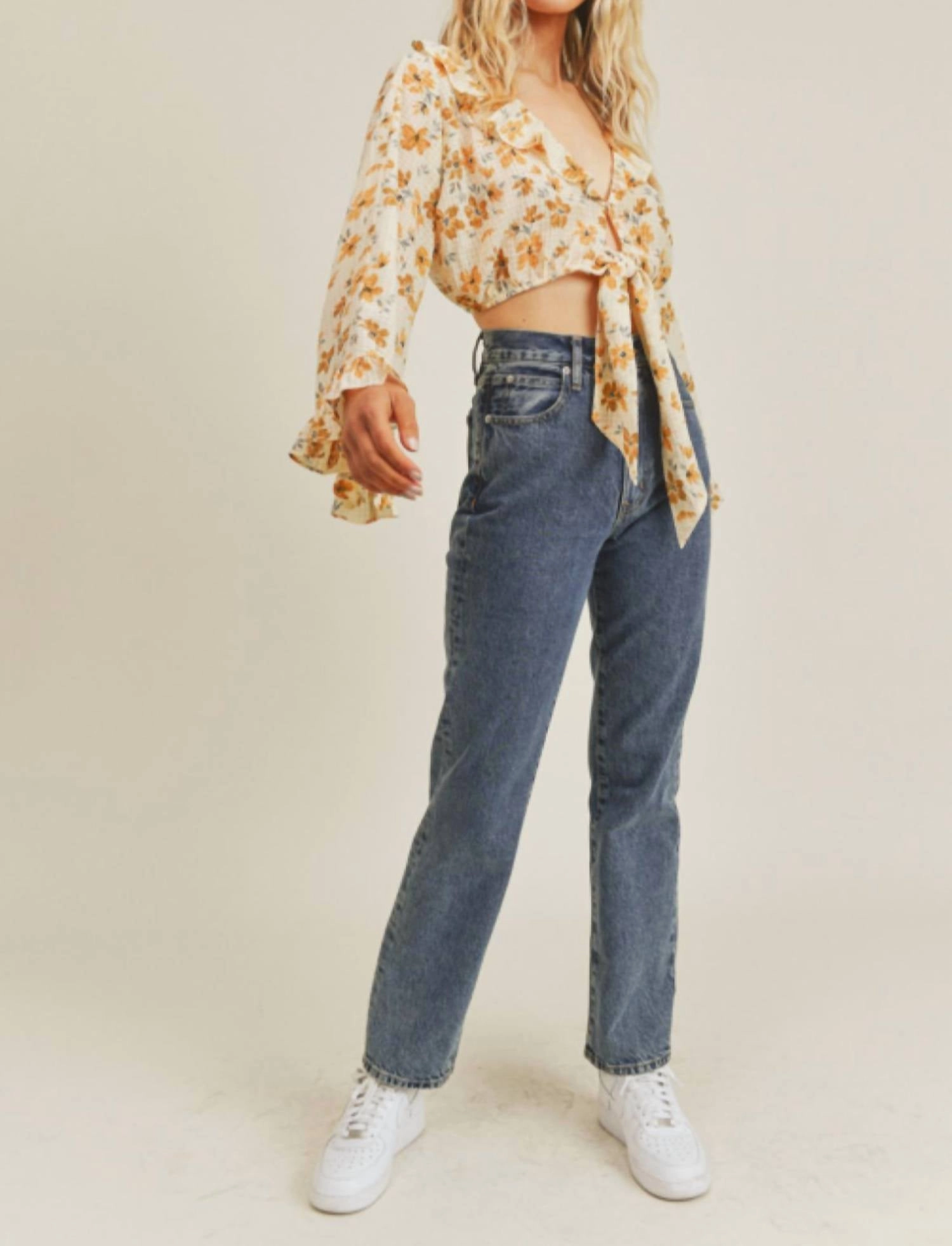 Floral Tie Front Top In Cream/marigold