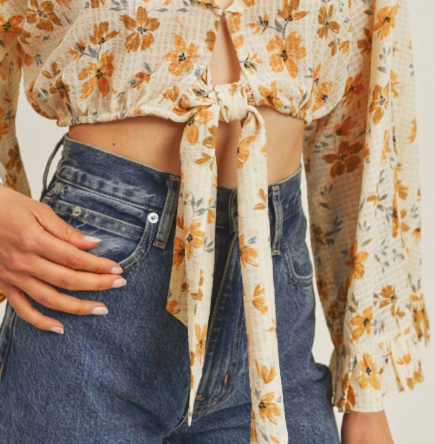 Floral Tie Front Top In Cream/marigold