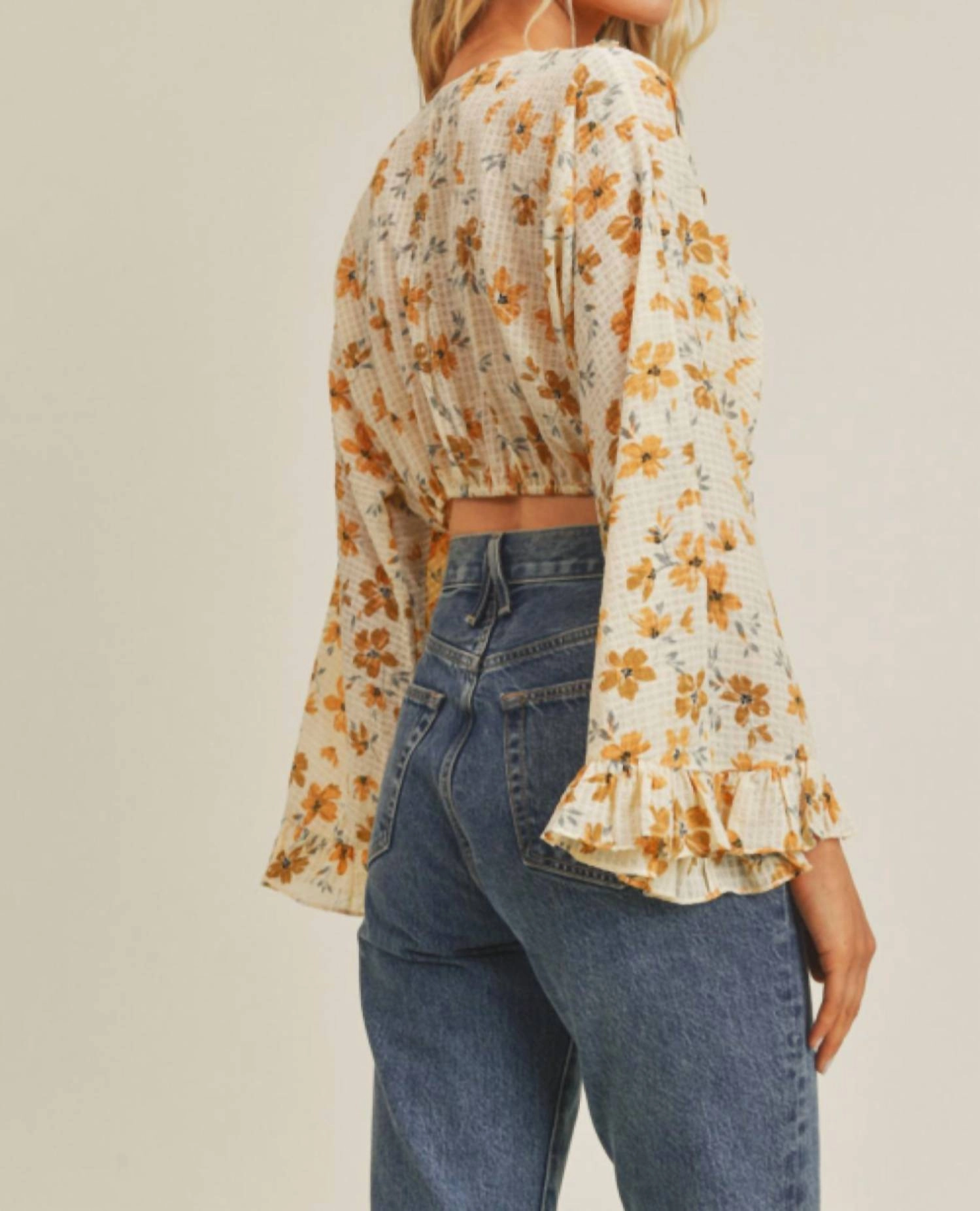 Floral Tie Front Top In Cream/marigold