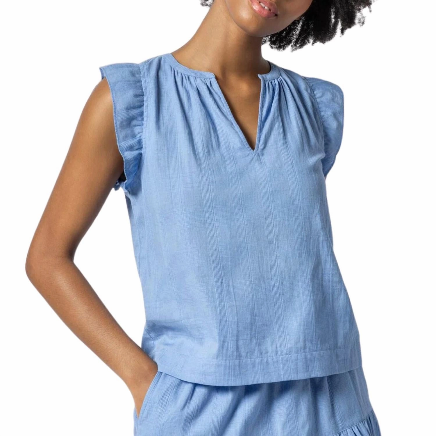 Flutter Sleeve Split Neck Top In Harbor